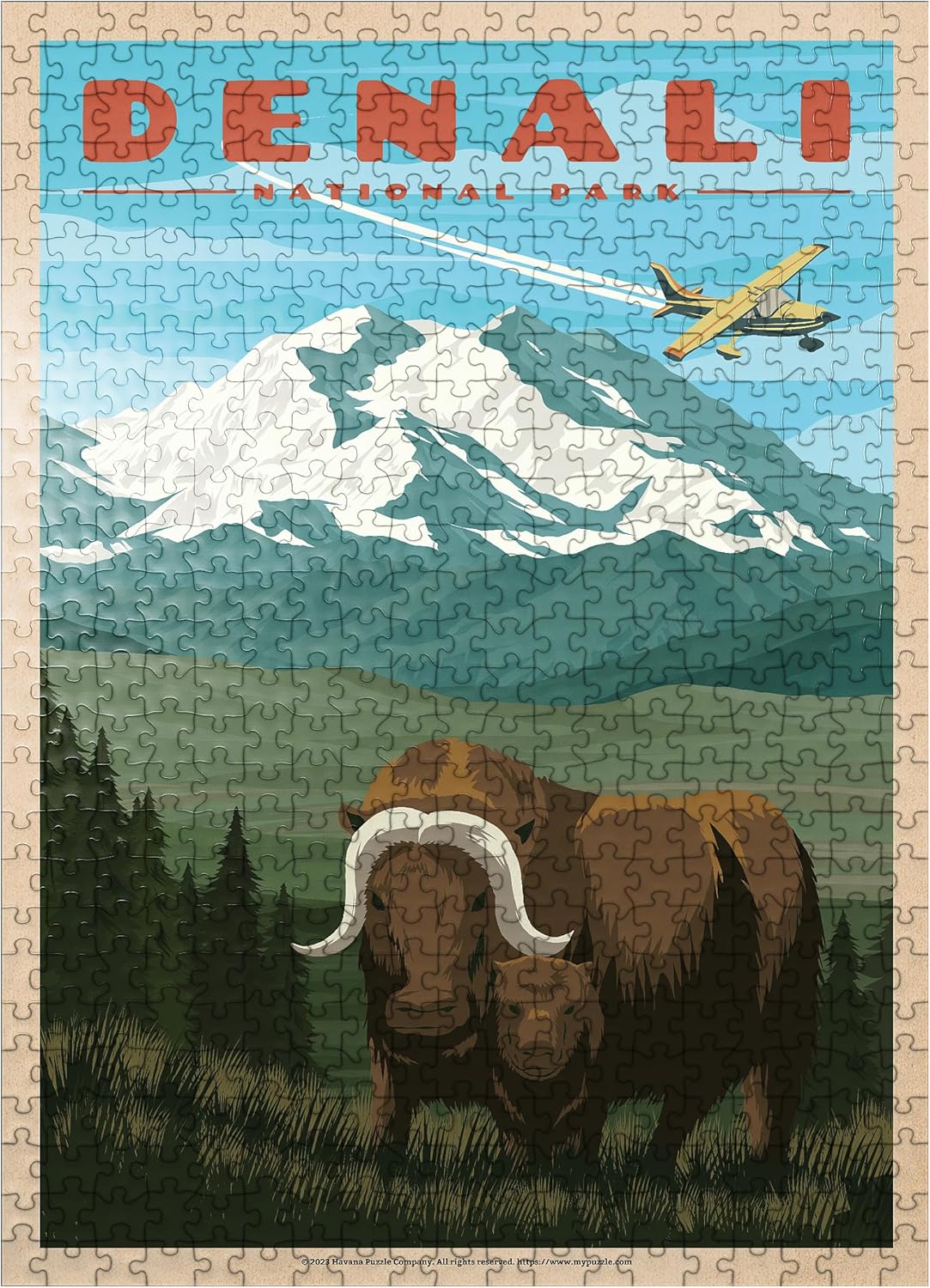 MyPuzzle Denali National Park - Wild Denali Musk Ox, Vintage Travel Poster - Premium 1000 Piece Jigsaw Puzzle for Adults