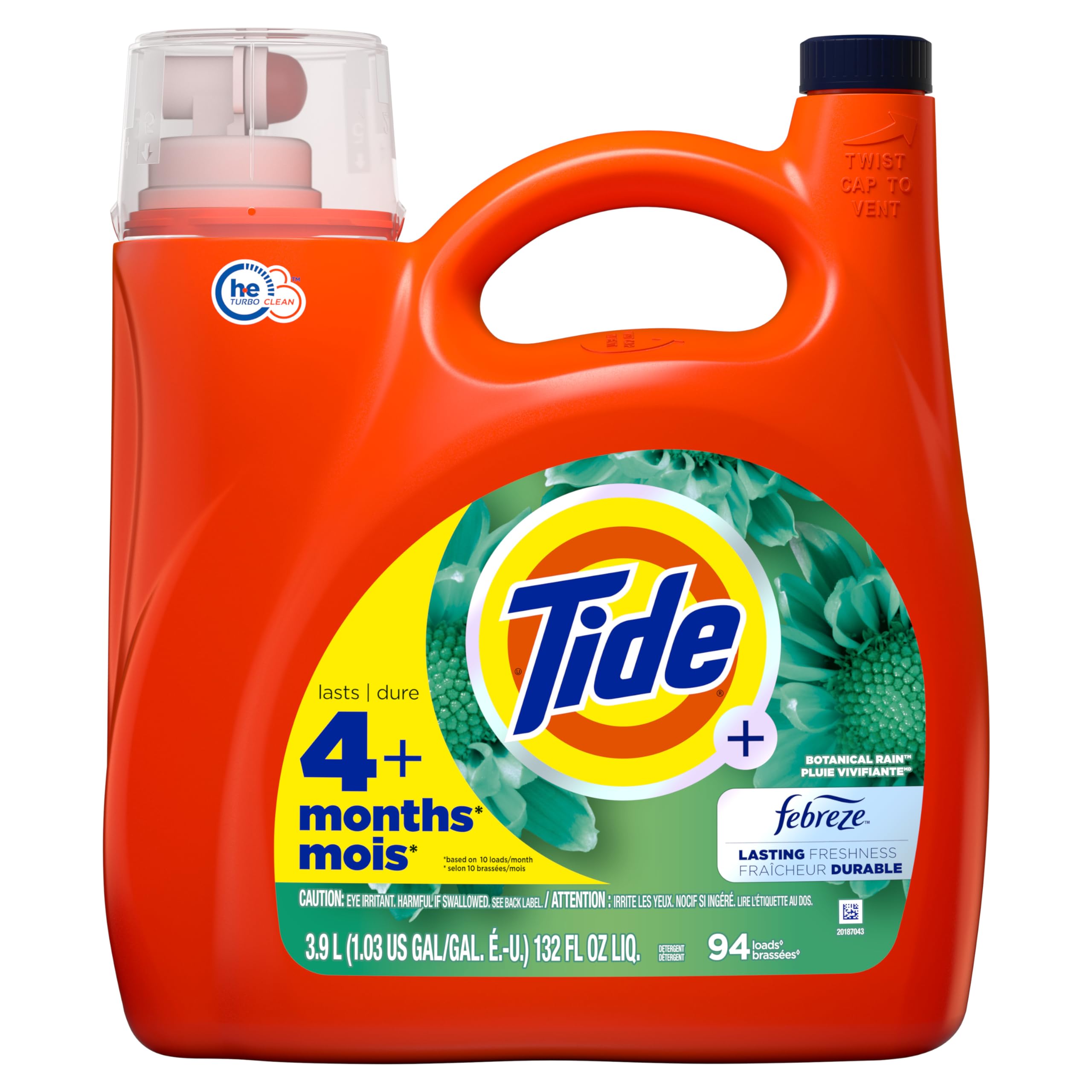 Tide Plus Febreze Freshness, HE Turbo Clean Liquid Laundry Detergent, Botanical Rain Scent, 132 fl oz, 94 loads