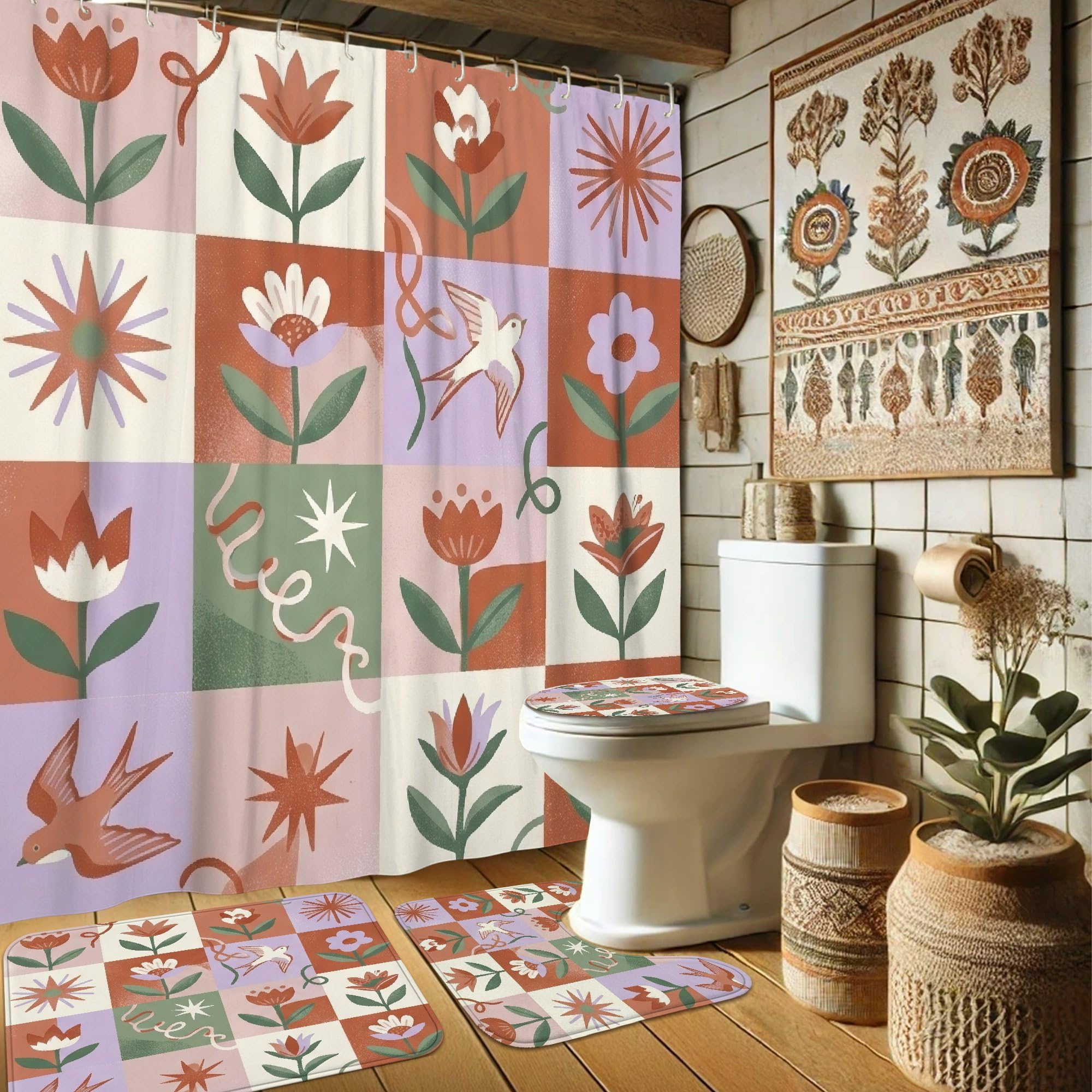 Rideau de douche lavable anti-éclaboussures 183x183 cm avec tapis terracotta pour sol toujours sec