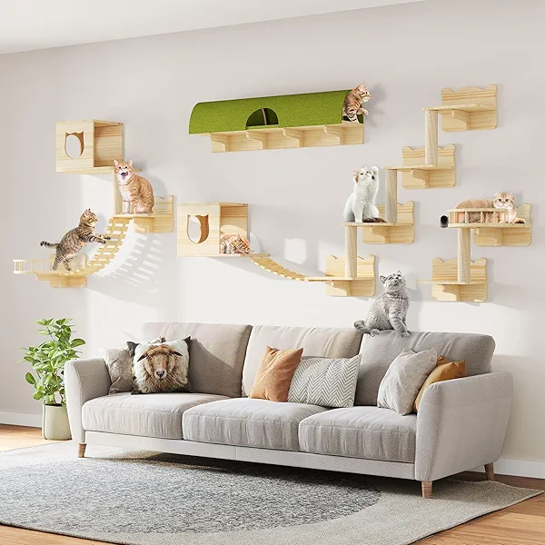 Homiflex Cat Wall Shelves, Cat Wall Furniture Pine Wooden Feline Shelf, 18 Piece Feline Shelves and Perches with Condos, House, Steps, Bridge Ladder, Scratching Post and Tunnel