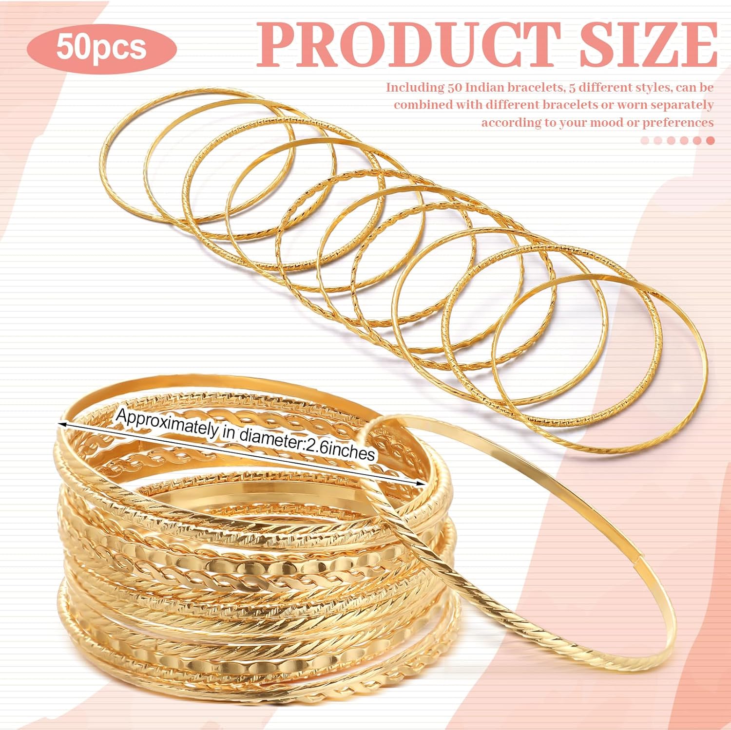 50 Pcs Gold Bangle Bracelets Set for Women Diameter 2.6 Inches/ 6.7 cm Boho Stackable Textured Bracelets Indian Chunky Multi Layer Bangles Gold Jewelry for Women Wedding Gift - Image 2
