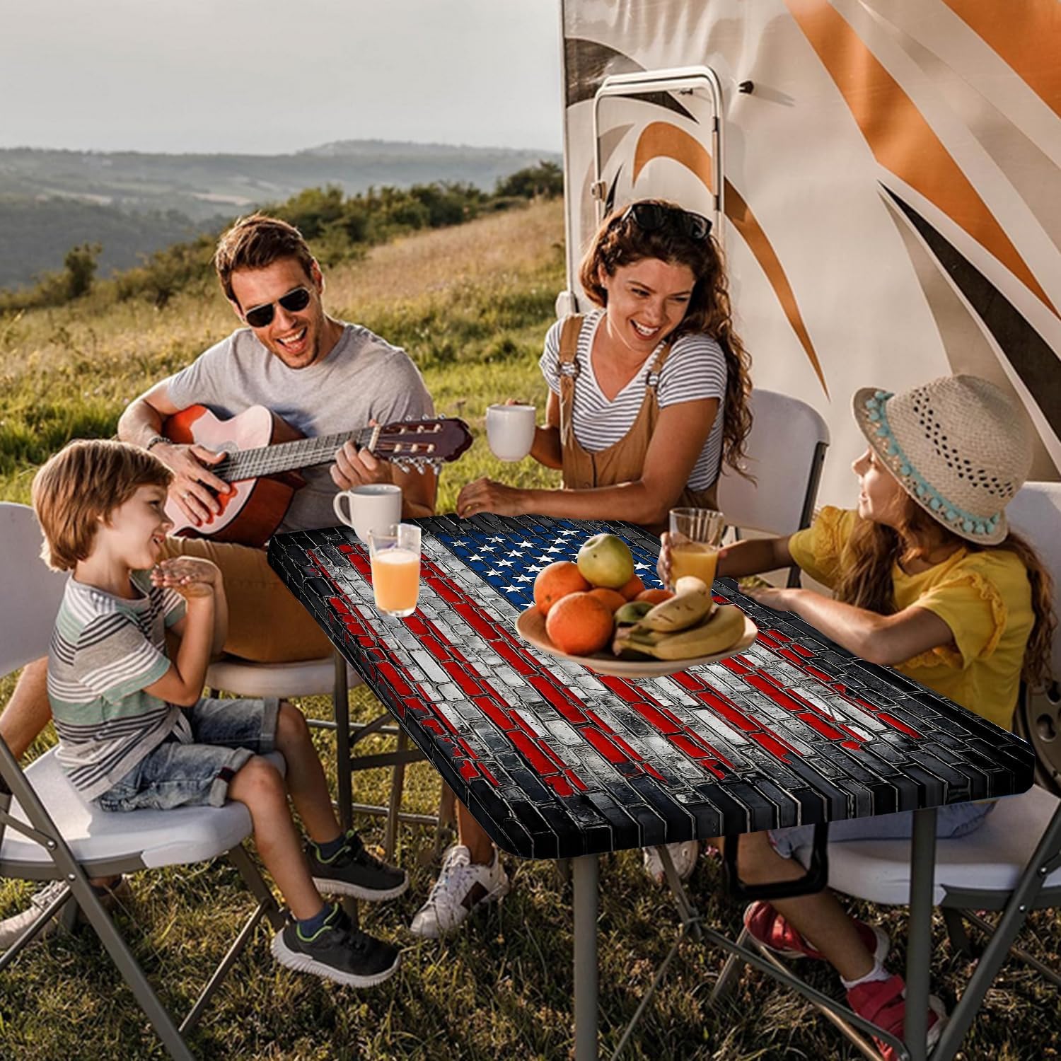 American Flag Picnic Table Cover with Bench Covers, Outdoor Patio Camping Essentials 90 Inch, Waterproof Camping Fitted Tablecloth with Drawstring Bag 3PCS