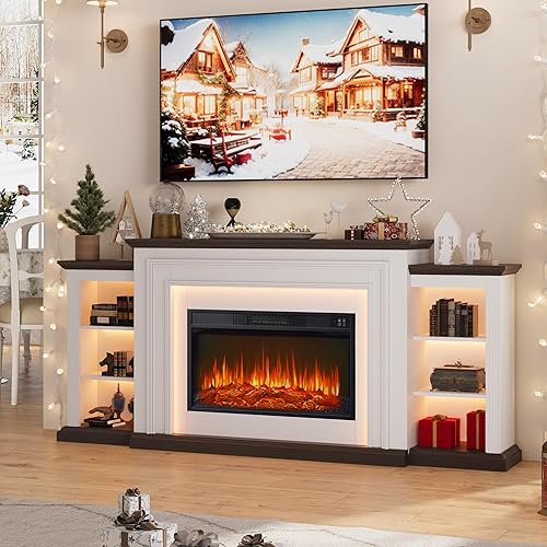 80" LED Electric Fireplace with Mantel, Fireplace TV Stand for 90 Inch TV, Modern Entertainment Center with Storage, Delicate Three-Dimensional Molding with Remote Control for Living Room