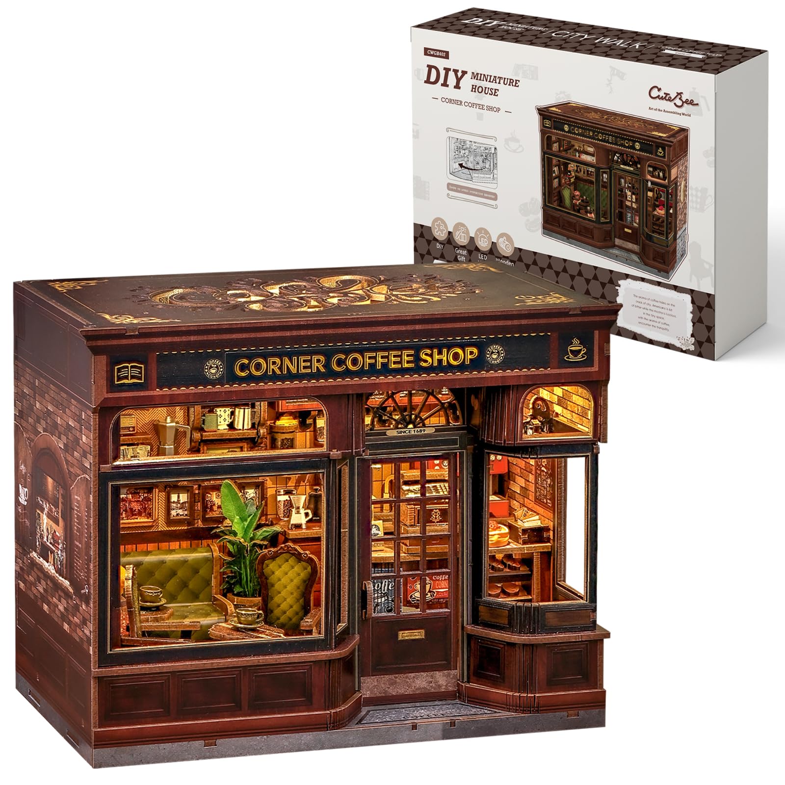 CUTEBEE Book Nook Kit - Casa Prefabbricata Miniature DIY House 3D Puzzle in Legno con Design Caffetteria | Modellismo Creativo per Adulti | Regalo Perfetto per Book Lovers (Corner Coffee Shop)