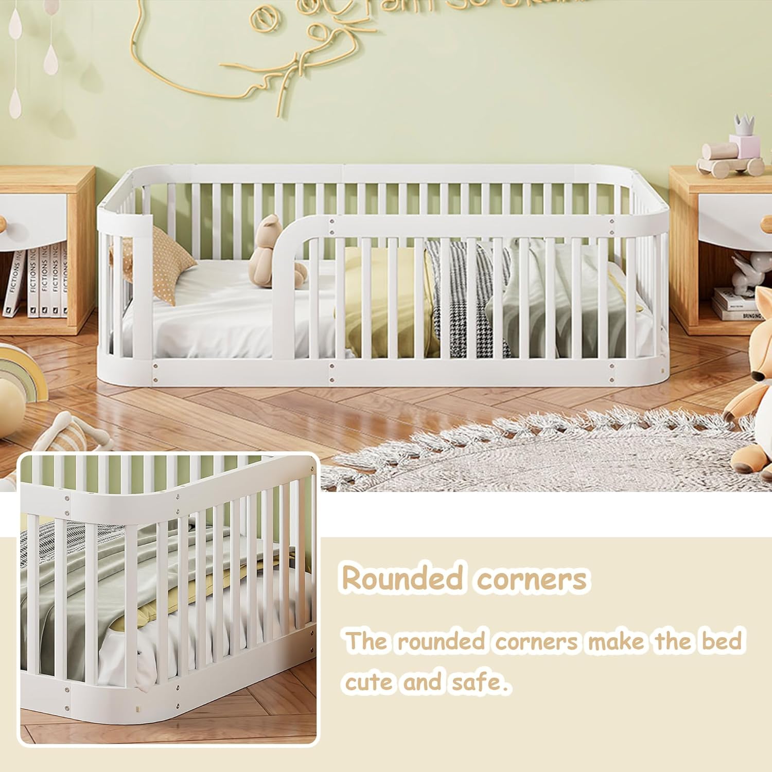 Bellemave Full Size Floor Bed Montessori Floor Beds with Fence Railings for Kids Full Floor Bed Frame for Boys, Girls, No Box Spring Needed & Rounded Corner Design, White
