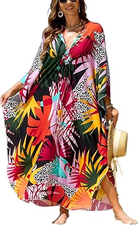 IMAGEKOPE Kaftan Dresses for Women Plus Size V-Neck Moo Moos Batwing Kaftan Beach Dress Bathing Suit Cover-Up Loungewear