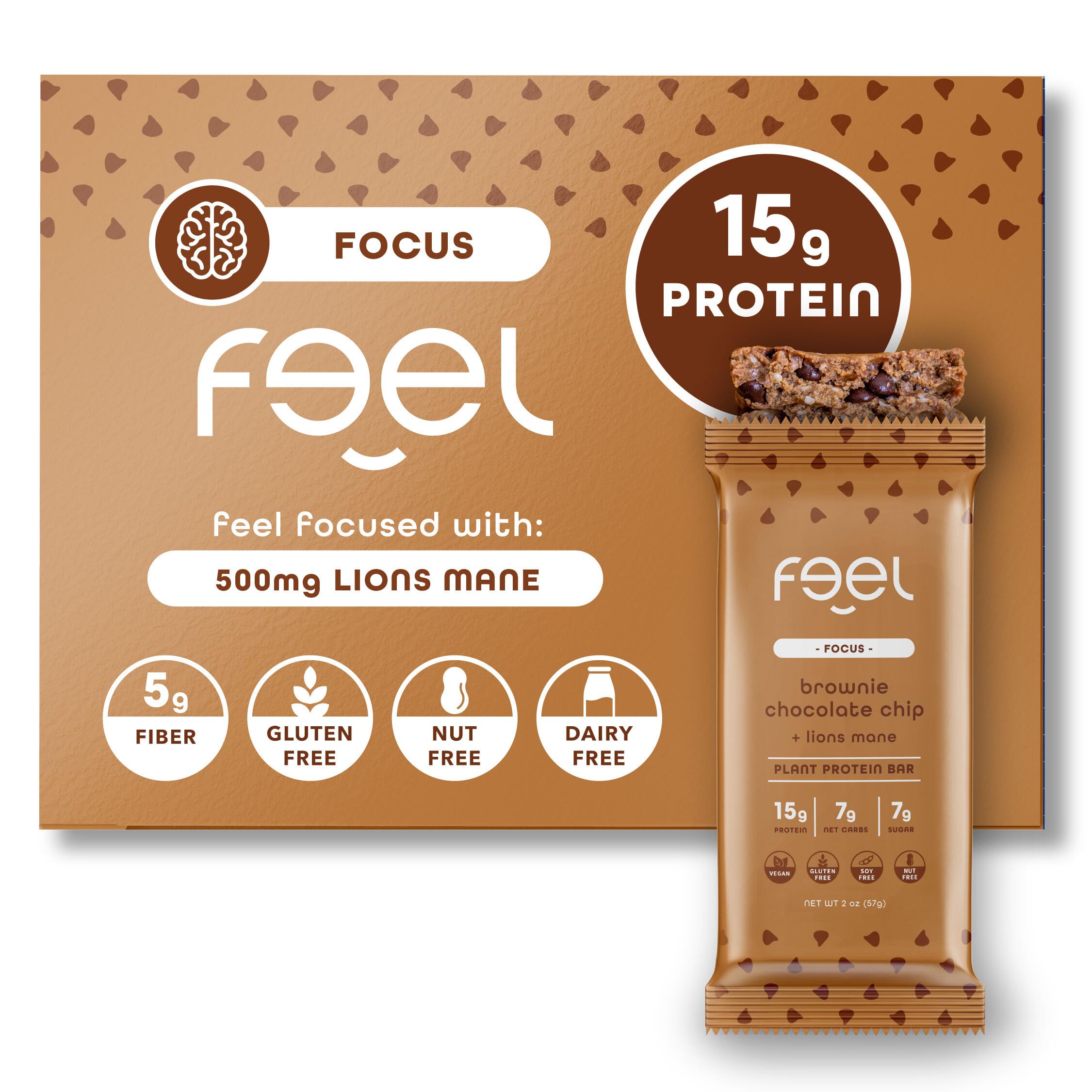 Feel Vegan Protein Bars, Focus, Lion’s Mane, Dairy, Nut, Grain, Soy Free, 15g Plant Protein, Adaptogenic Snack, Organic, Low Sugar, Low Carb, Gluten Free, Brownie Chocolate Chip, 10 Pack