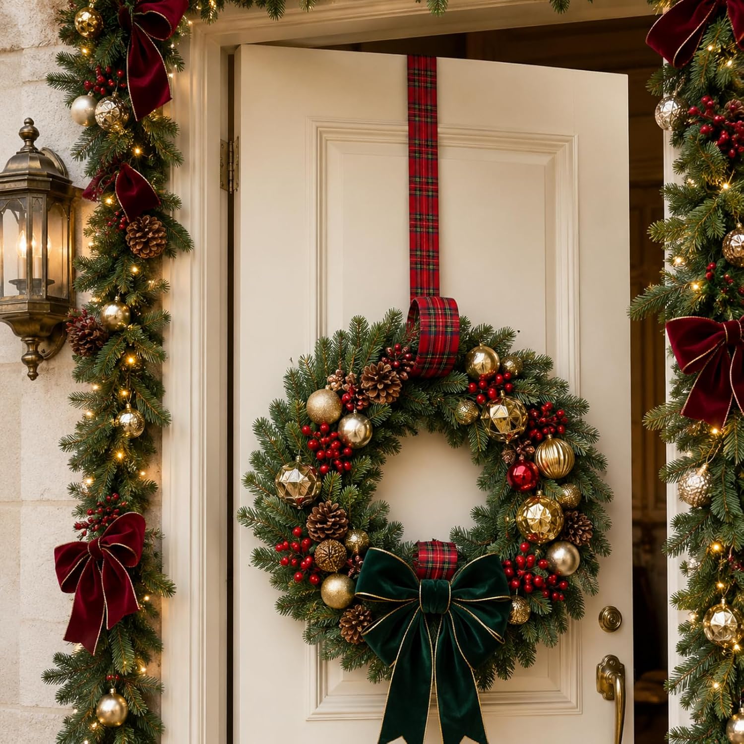2 Pack Christmas Tartan Plaid Wreath Hanger 15'' for Front Door