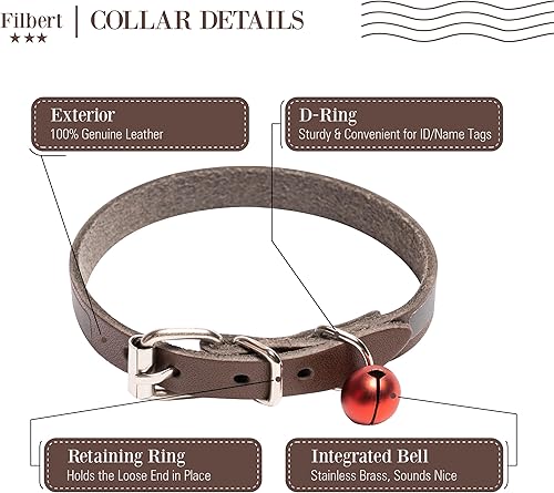 Miniatura 3 de Filbert Collar de cuero para gato, collar reflectante para gato, collar de cuero para gatos con campana, collar de gato para interiores y