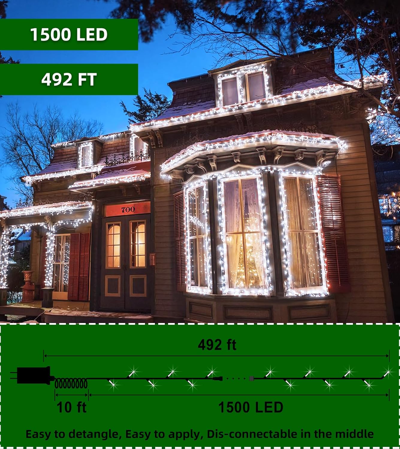 1500 LED Chrstmas String Lights, 492FT Super Long Christmas Lights with 8 Modes, Christmas Tree Lights with Timer Memory for Indoor Outdoor Tree Fence Garden Xmas Wedding Party Decor Cool White