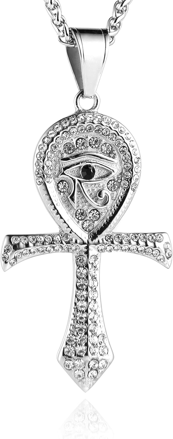 HZMAN CZ Eye of Horus Egypt Protection Pendant Coptic Ankh Cross Religious Stainless Steel Necklace