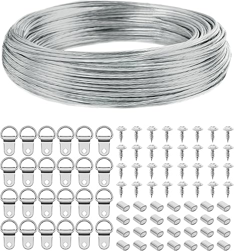 Alambre de fotos para colgar resistente 100 pies con 30 ganchos de anillo D 30 tornillos 30 tubos de prensado alambre de metal fuerte y resistente