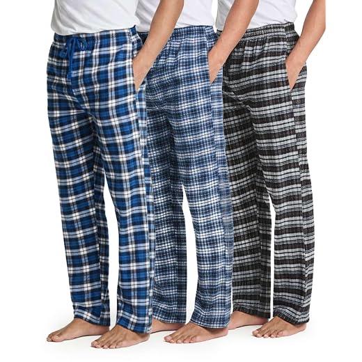 Real Essentials Pacote com 3: Calças de pijama masculinas - Calças de moletom xadrez de flanela de algodão - braguilha de botão (disponível em tamanhos grandes e altos)