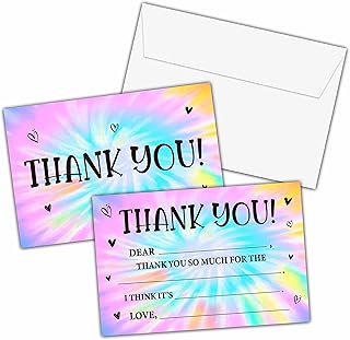 Tie Dye Thank You Cards, Rainbow Tie Dye Fill In The Blank Thank You Card, Thank You Notes for Boys Girls, Birthday Party Favors Supplies (20 Set of Cards with Envelopes) - B10