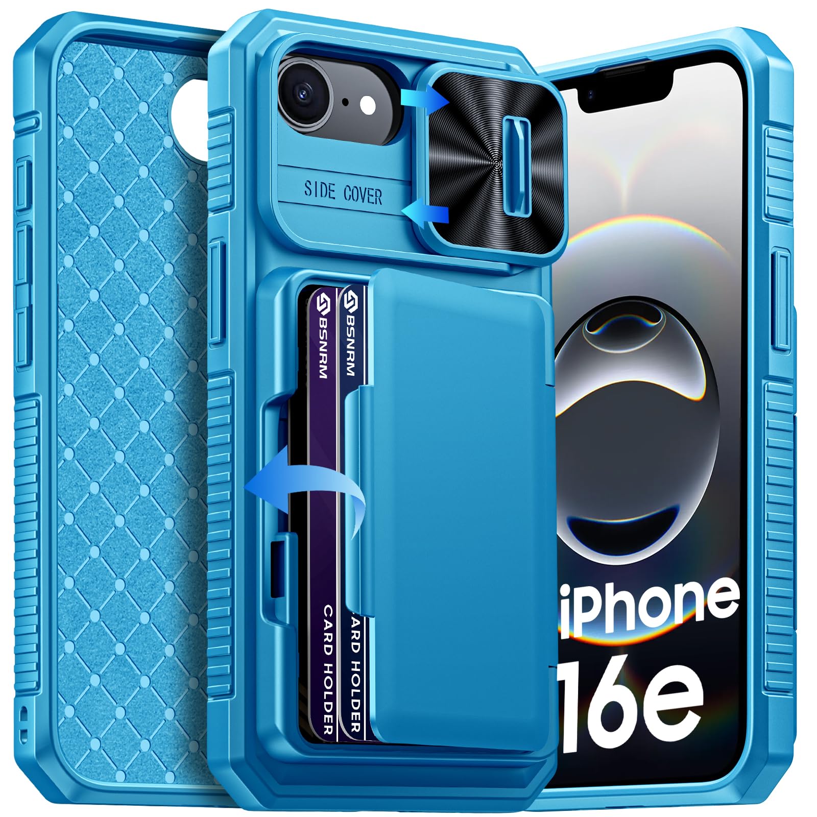 BSNRM for iPhone 16e Case Wallet, Built-in Card Holder (4-5 Cards), RFID Blocking,Camera Control Button, Slide Camera Cover, Shockproof Rugged Phone