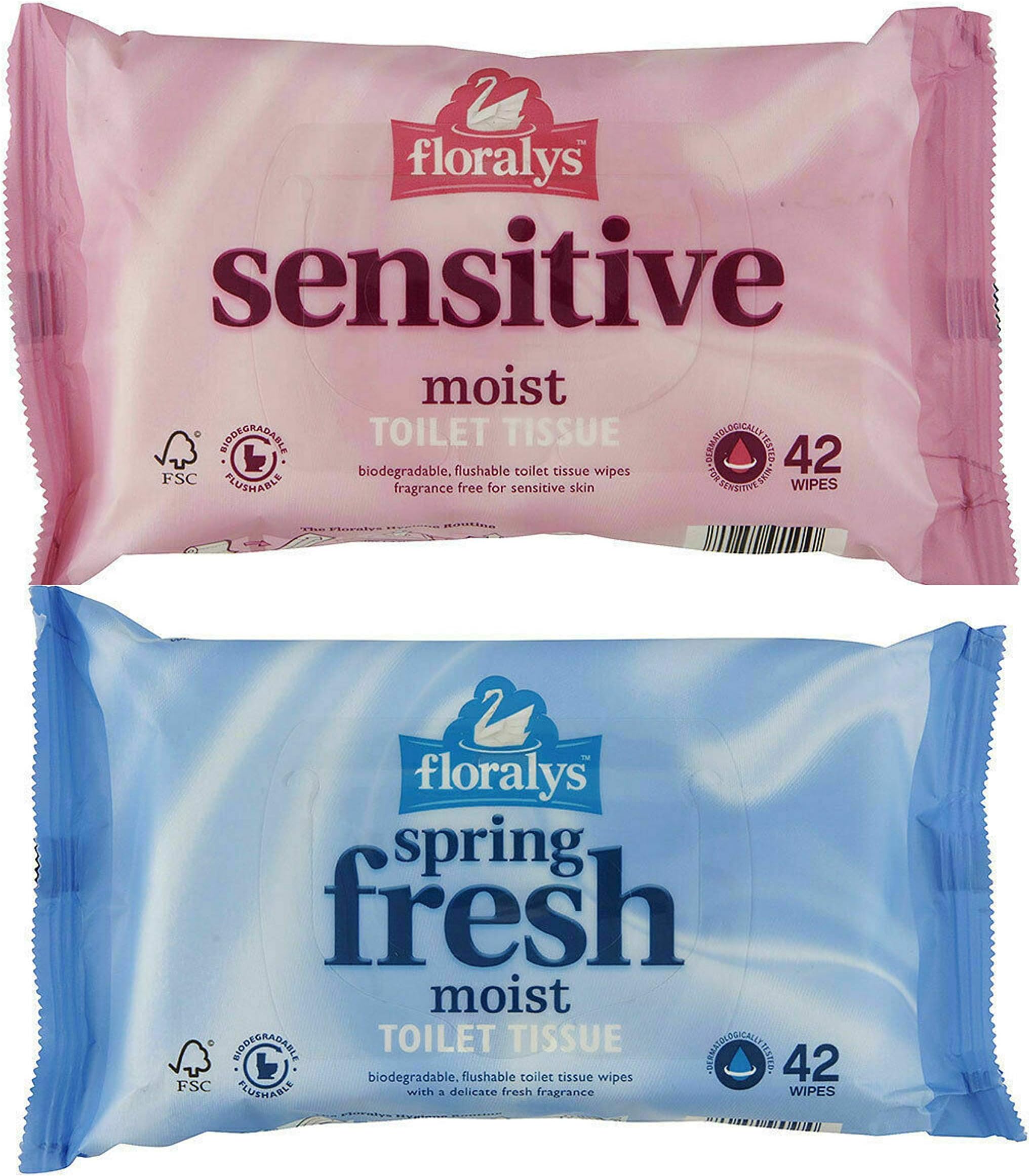 Wet Sensitive Moist Toilet Tissue with France Free, Spring Fresh Biodegradable Flushable Wipes - 2 Pack Bundle of 84 Wipes