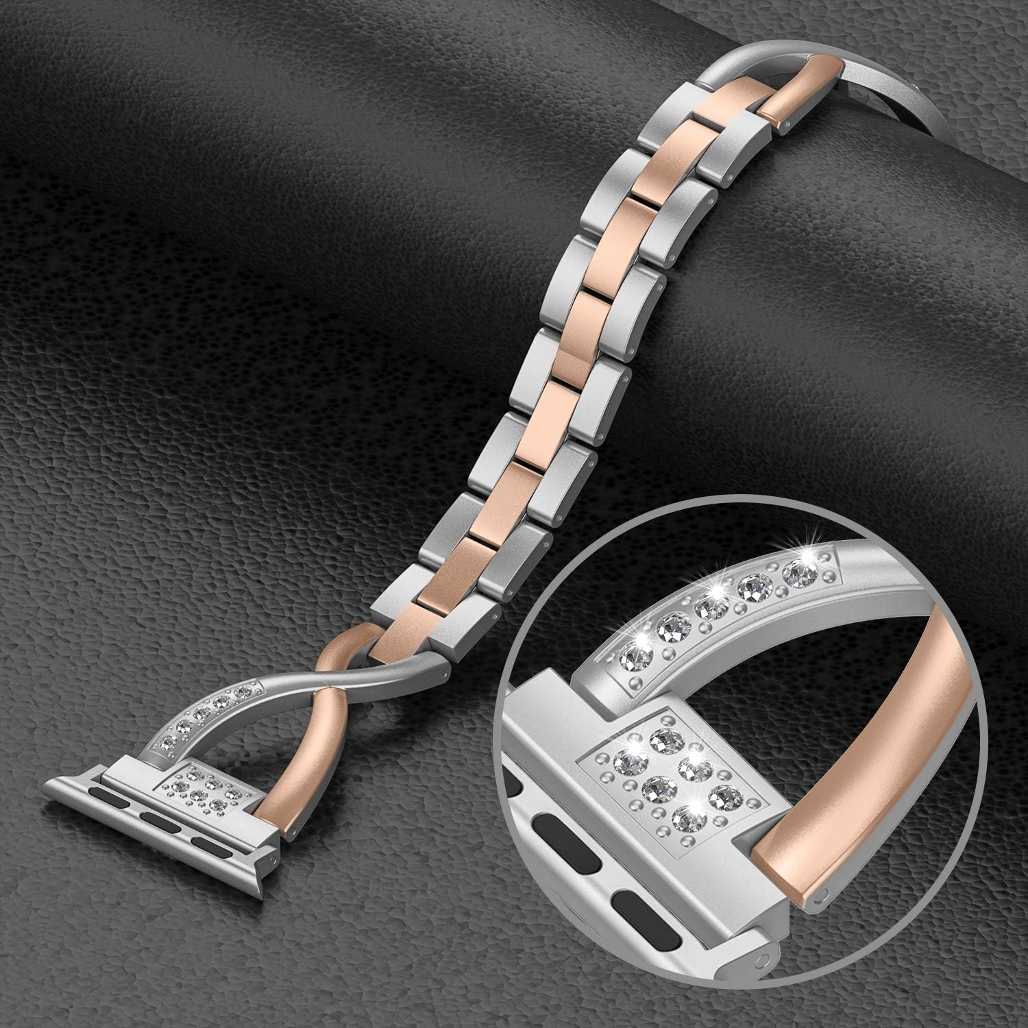 Buy 1 get 1 Wearlizer Bling Silver Band Compatible with iWatch Strap 38mm 40mm 41mm Womens 2-Color Matching Deep Rose Gold X-Link Bling Rhinestone Sleek Wristband Metal Dressy Bracelet Series 7 6 5 4 3 2 1