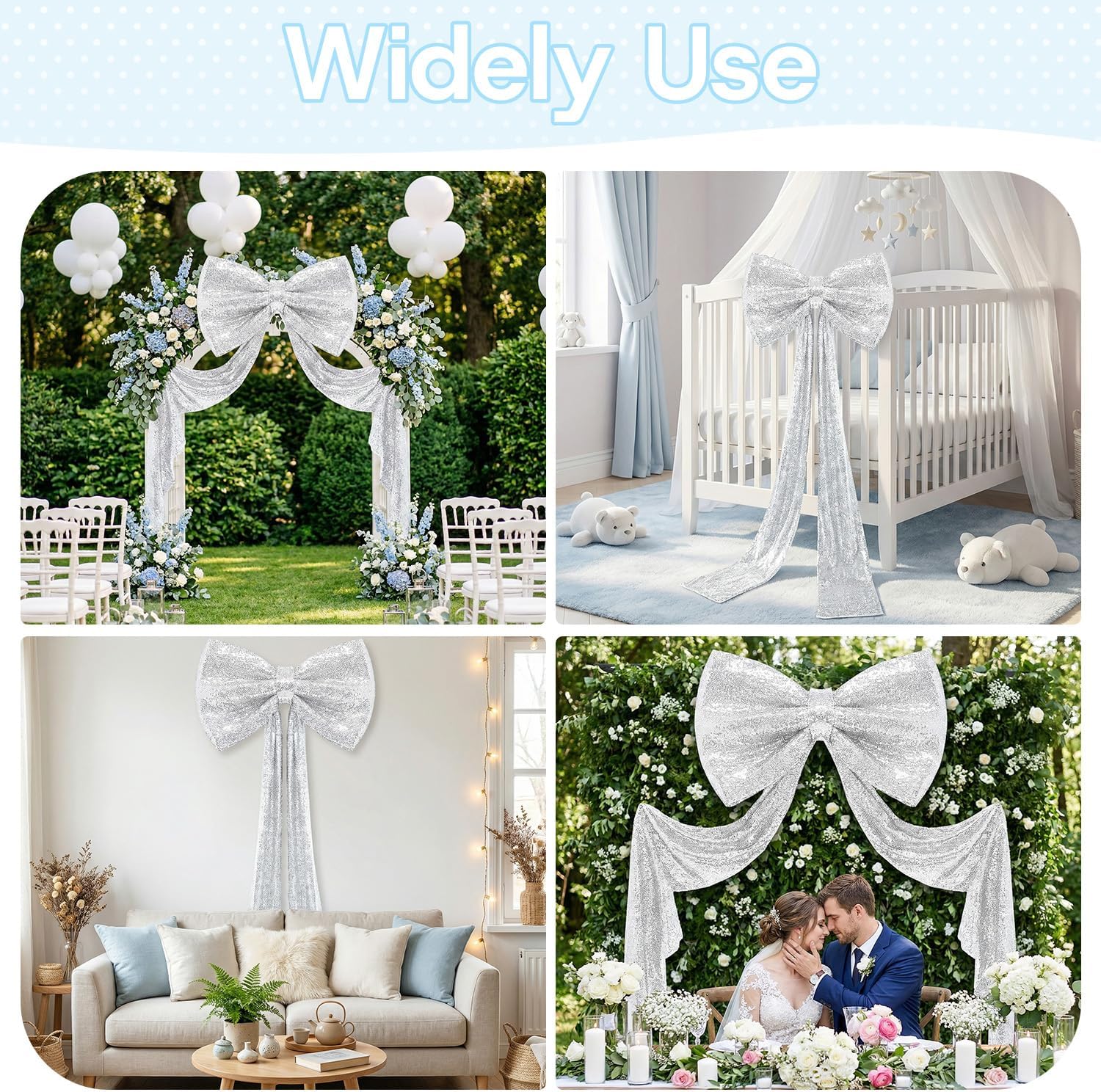 Giant Bow Decoration Silver Sequin Bow for Backdrop 75 x 23 Inch Sparkle Large Bow with Long Ribbon Coquette Big Bows Decor for Wedding Birthday Party Indoor Outdoor Decoration