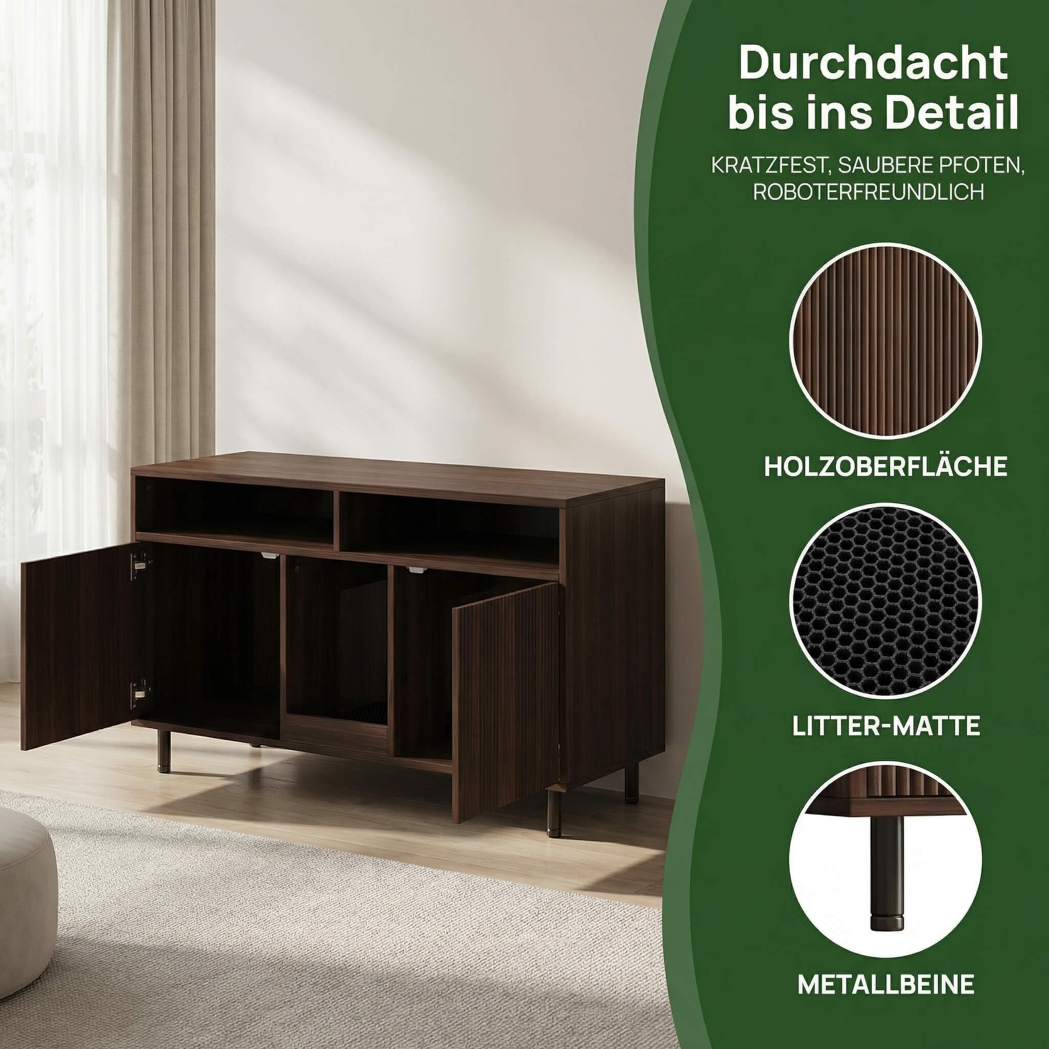 Katzenklo Schrank für 2 Katzen mit Sandauffangmatte, XXL Sideboard für Katzentoilette Versteckt, Multifunktionales Katzenhaus Möbel, Einfache Montage, Walnuss