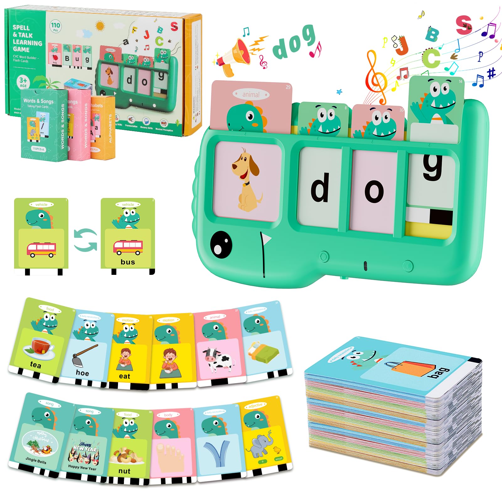 Spelling&Talking Flash Cards for Toddlers 3+ Years Old - Speech Therapy with 107 Sight Words - Sensory Toys for Kids with Autism, Alphabet Learning, Montessori Learning Toys Gift for Kids - Green