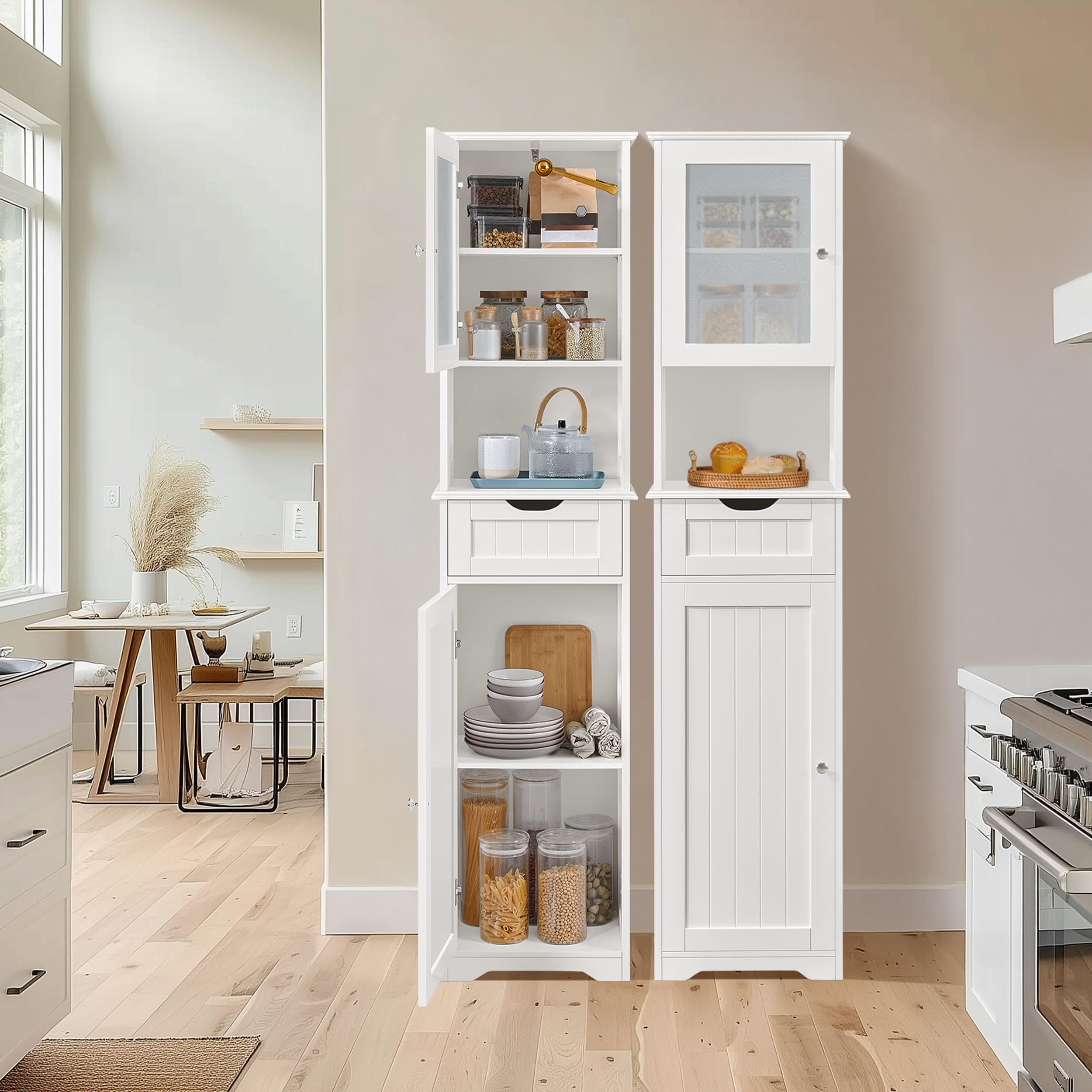 Yaheetech Badezimmerschrank Hochschrank Badschrank mit Schublade & 2 Türen und verstellbarem Einlegeboden Aufbewahrungsschrank Küchenschrank für Badezimmer/Wohnzimmer/Küche, 40 * 30 * 170 cm