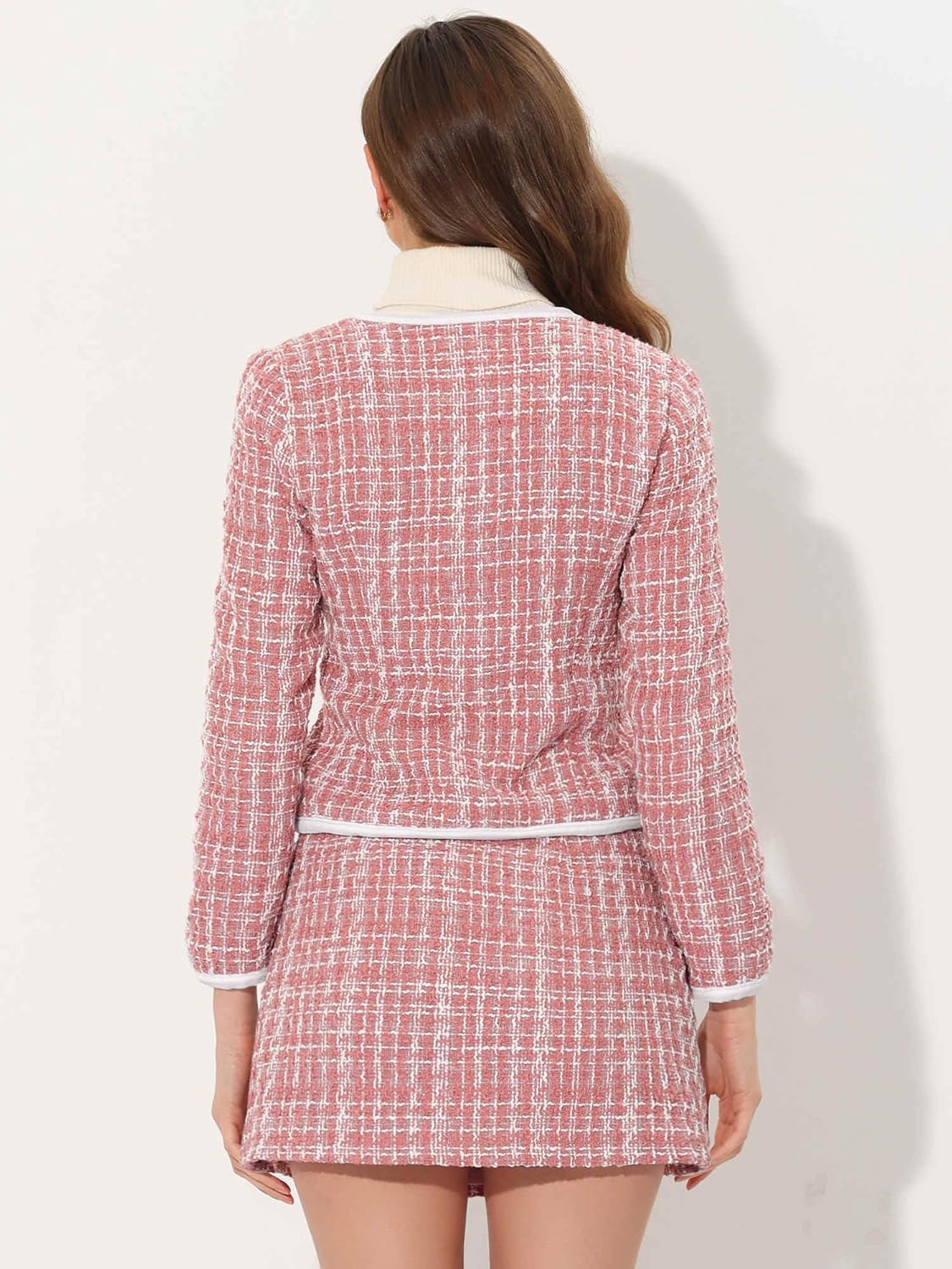 Allegra K Business Suit Set for Women's 2 Piece Outfits Plaid Tweed Easter Short Blazer Jacket and Skirt Sets - Image 3