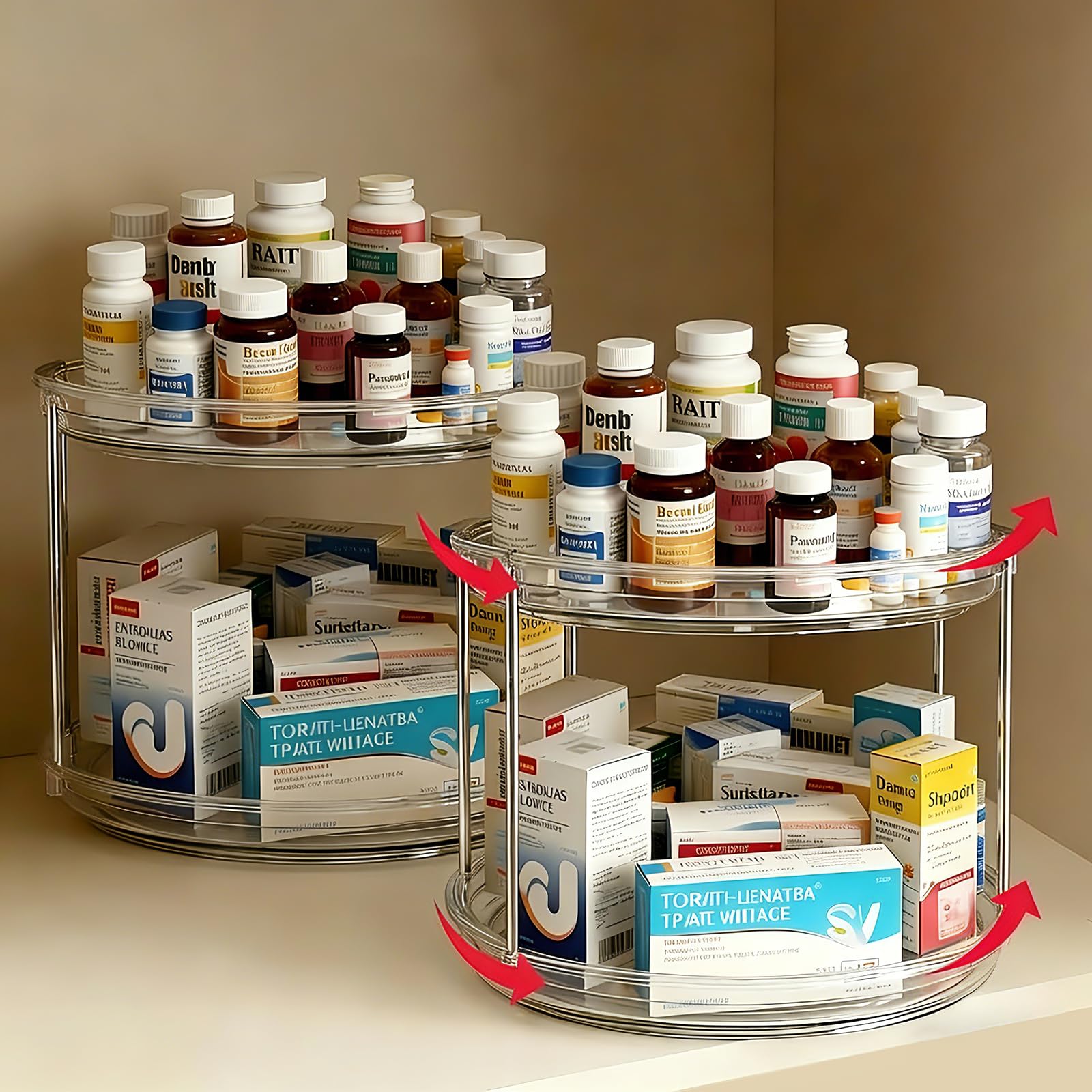 Confezione da 2 organizer per armadietto dei medicinali, organizer rotativo per medicine e bottiglie di vitamine, organizer sotto il lavandino per medicine, armadietto da bagno, facile da montare