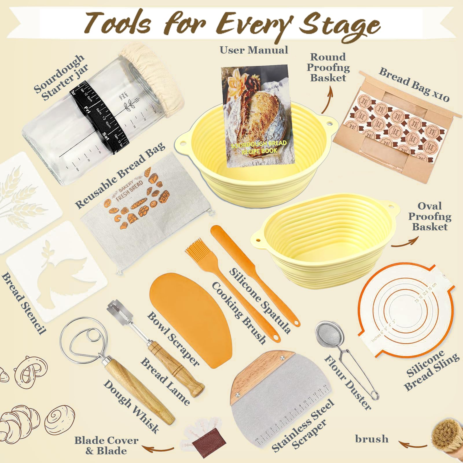 Cottura del Pane lievitazione Set Silicone Pieghevole Rotondo da 23 cm e uno ovale da 25 cm un Barattolo per Lievito Madre Accessori per Cottura Ideale per Cottura Domestica e Professionale