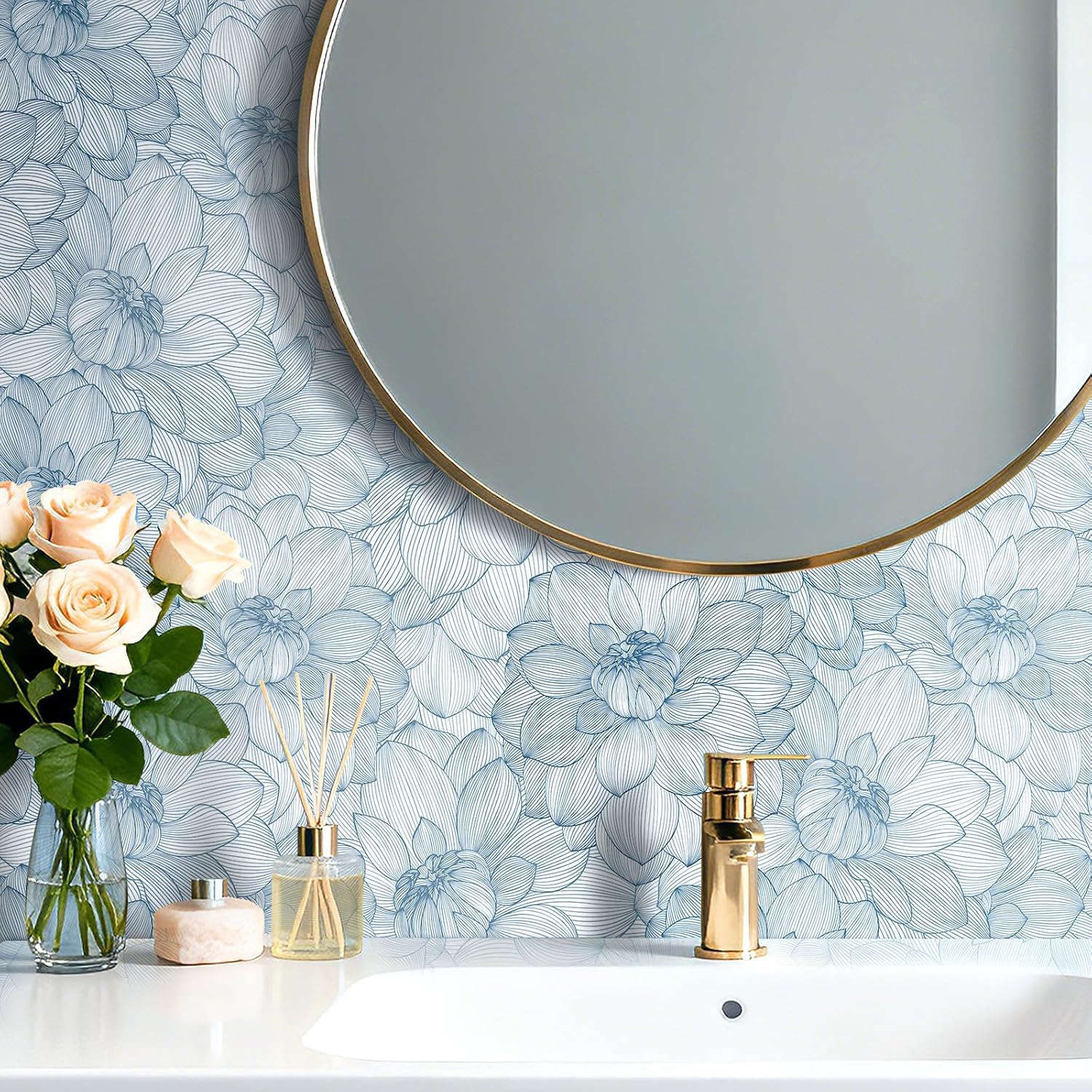 FunStick Light Blue Floral Wallpaper Peel and Stick Modern Minimalist Peony Flower Wall Paper Blue and White Floral Contact Paper for Cabinets Waterproof Removable Wallpaper for Bedroom Bathroom Walls