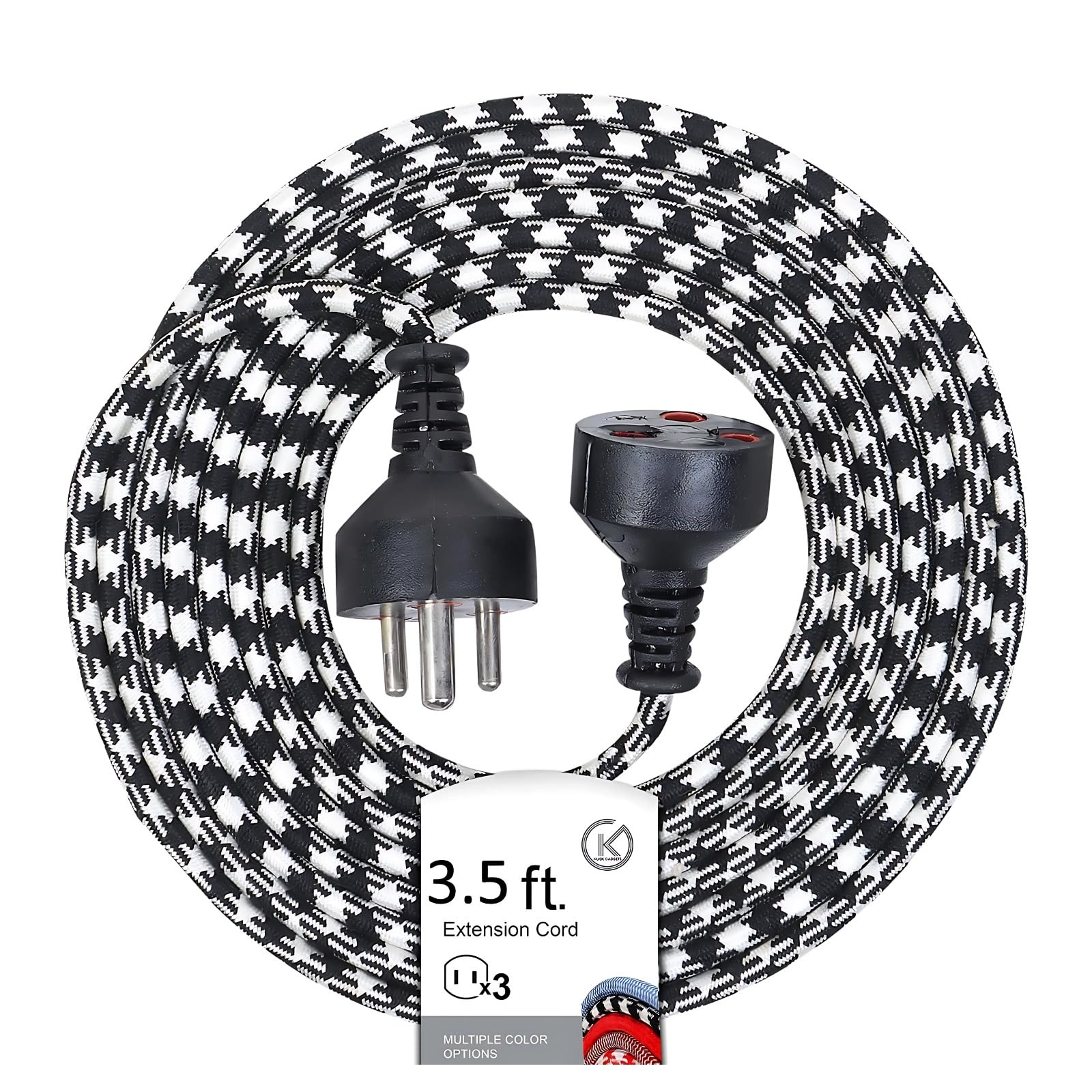 klick Gadgets 3 Pin Cotton Threaded Extension Wire | Power Extension Wire | Home Extension Cord | 3.5 Meters | Heavy Duty Copper Cord | Durable 4 Layer Coating | Multipurpose | 250 W | Black-White.