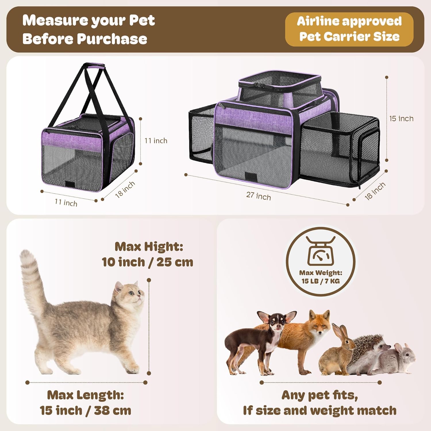 Top and 2 Sides Expandable Cat Carrier 18x11x11, TSA Airline Approved Dog Carriers for Small Dogs, Soft-Sided Pet Carrier with Self-Locking Zippers for Kitten,Rabbit, Puppy, Guinea Pig Purple
