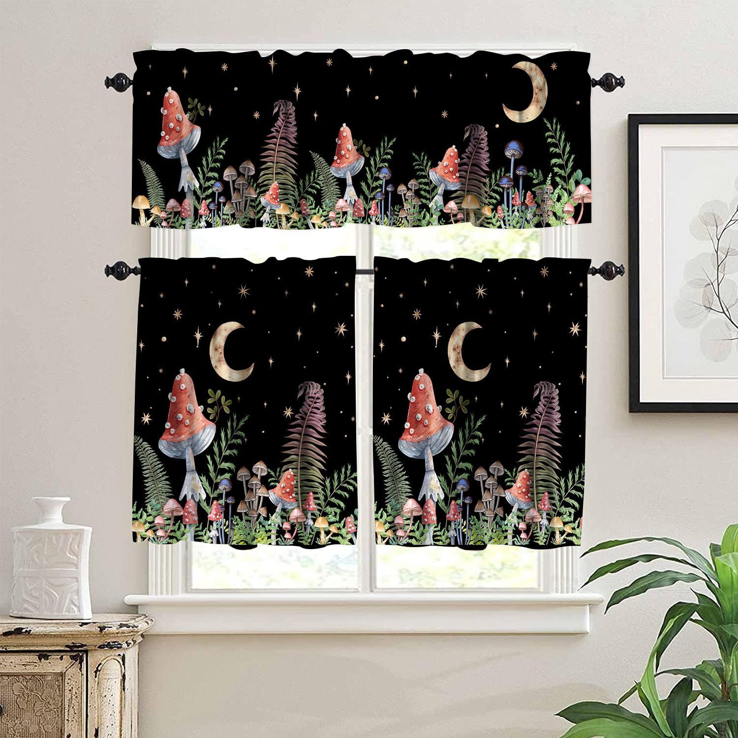 Mushroom Kitchen Valance 3 Pcs Set,Spring Floral Vintage Woodland Plants Botanical Mushroom Floral Star Moon Kitchen Valance Rod Pocket Basement Window Curtain Drapes Short Tier Cafe Drape