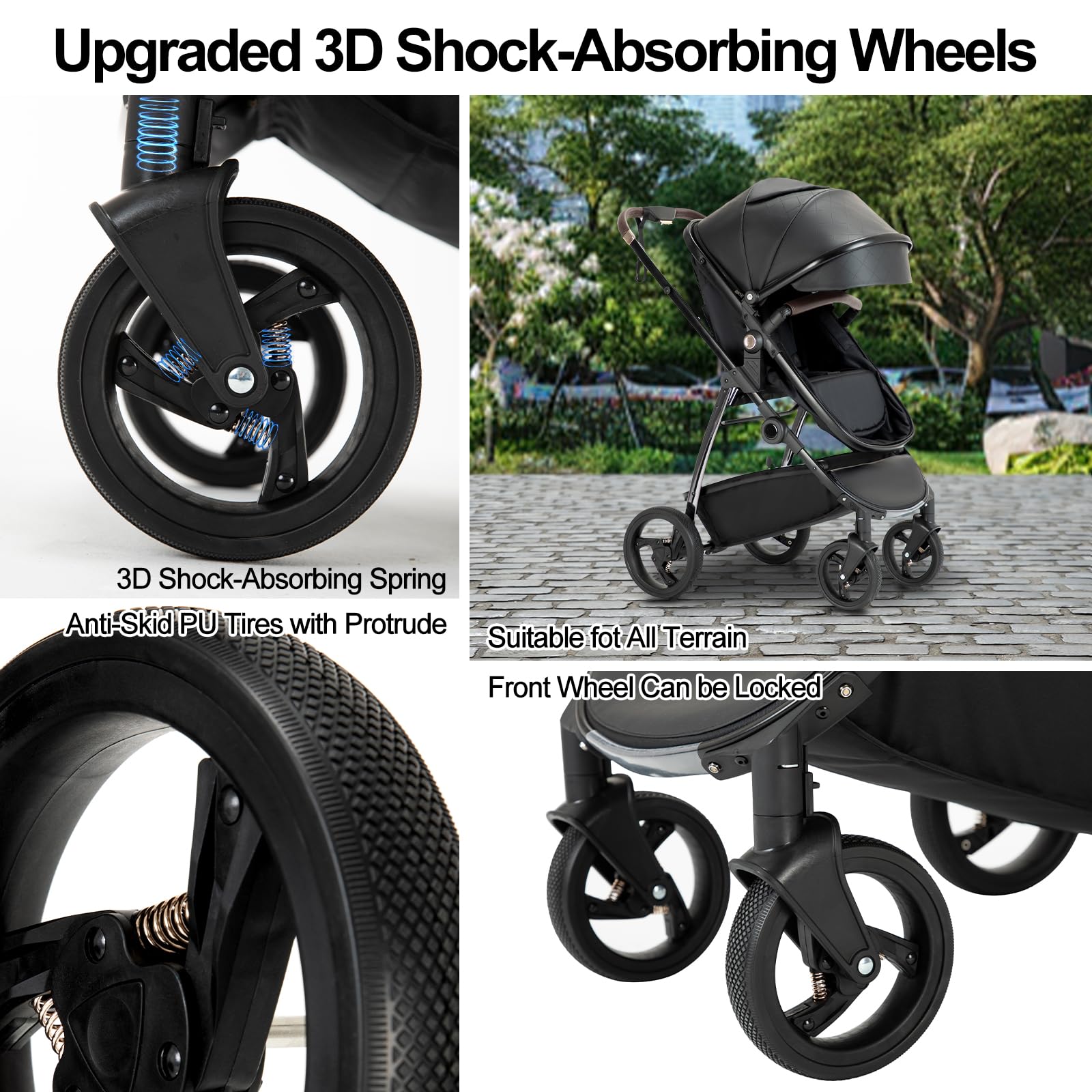 Cueros 3 en 1 Carrito Bebé, Cochecito Bebe con Asiento de Coche ECE R129, Cochecito Combinado Plegable One Click, Alta Vista Estructura de Aluminio Cochecito para Recién Nacido(22KG, 0-4Años)