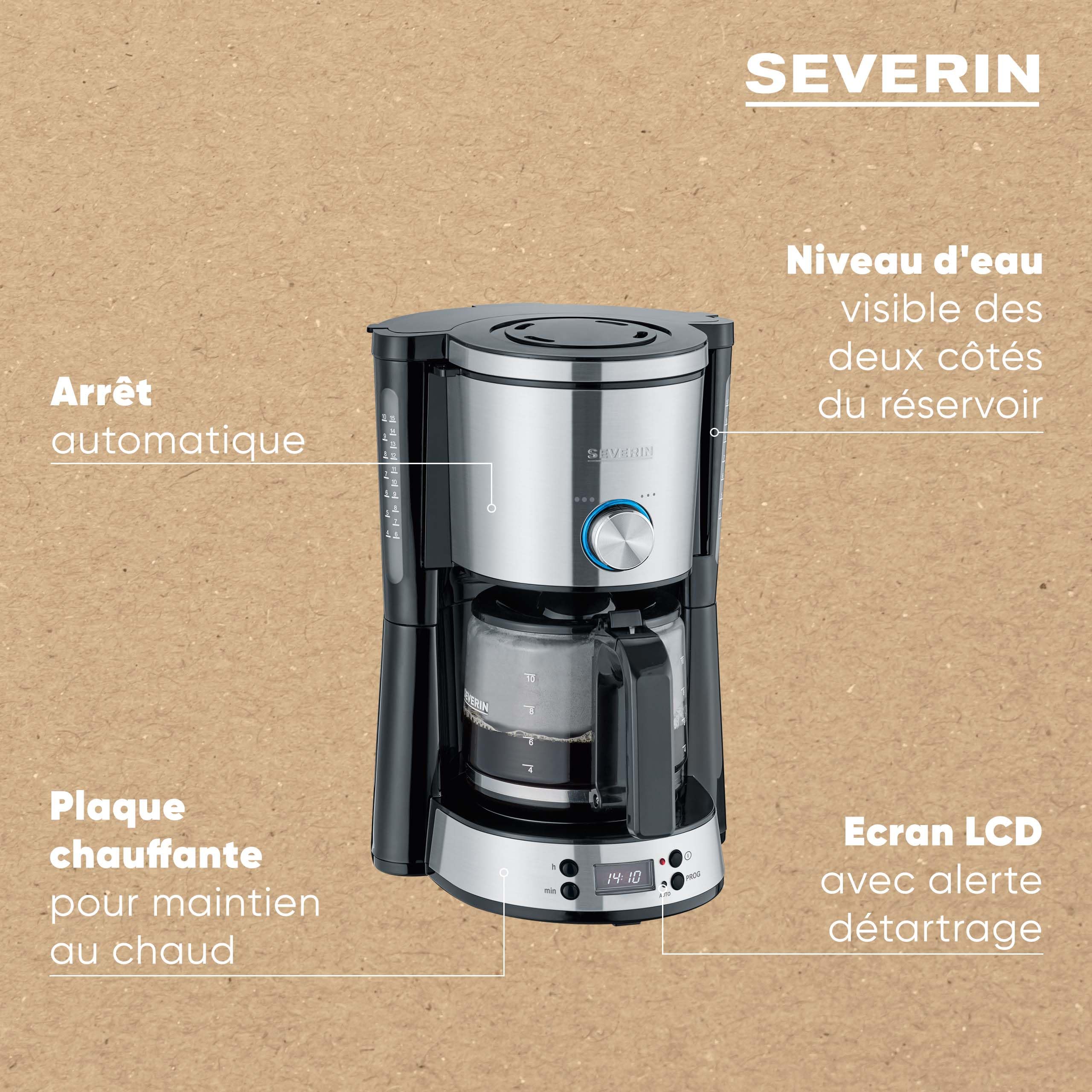 Severin Cafetière Programmable "TYPE Switch", 1000 W, jusqu‘à 10 tasses, AromaSwitch, Sélecteur d'arômes, Noir/Inox, KA 4826