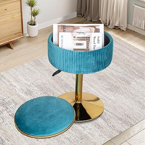 Miniatura 3 de Taburete de tocador ajustable con almacenamiento, silla giratoria dorada de 360, reposapiés otomano redondo pequeño de terciopelo para baño, sala de
