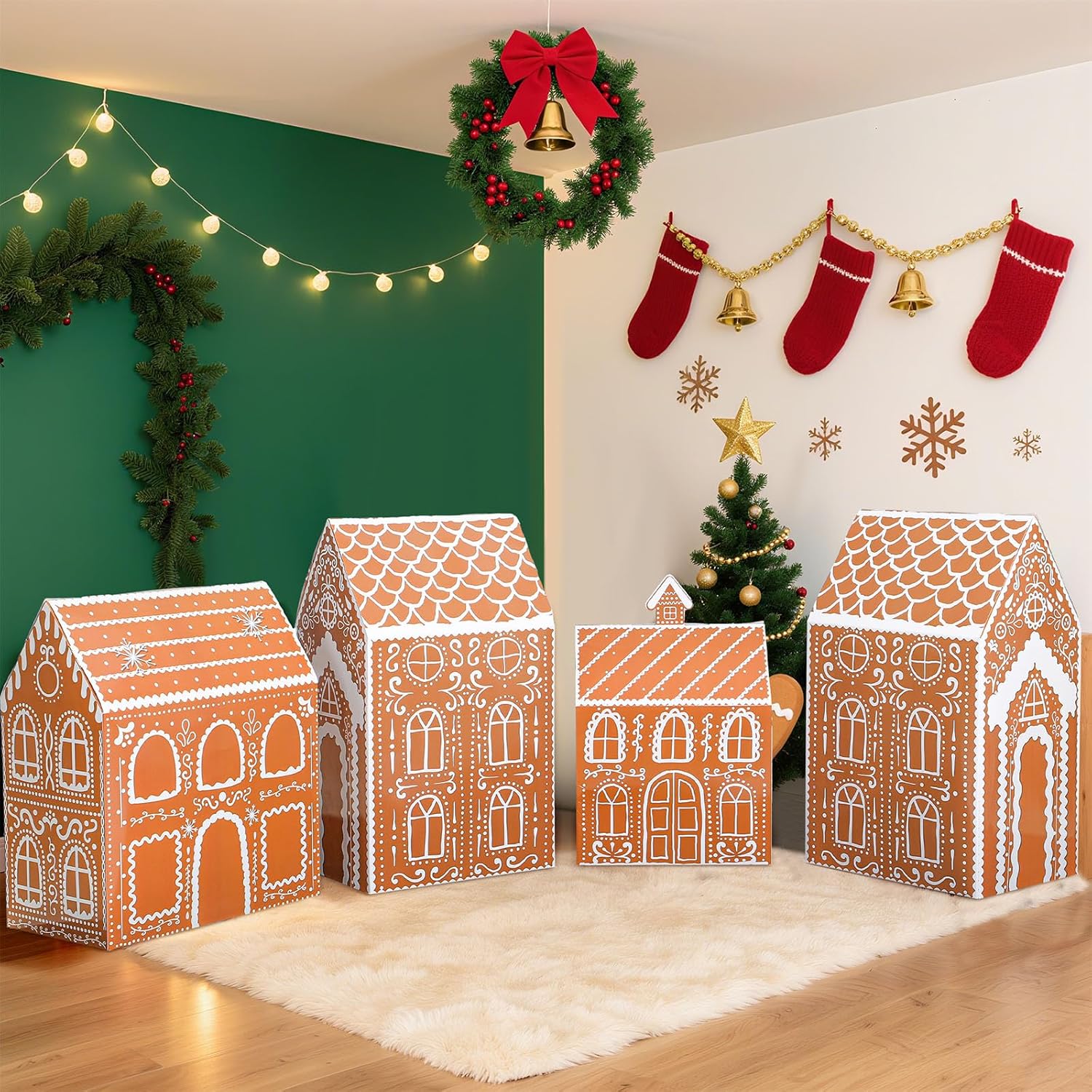 Geelin 4 Pcs Large Cardboard Gingerbread House Sets 16 20 24 Inches Stand up Christmas Gingerbread House Decorations Christmas Village Scene Decorations for Indoor Home Winter Landscape Xmas Decor
