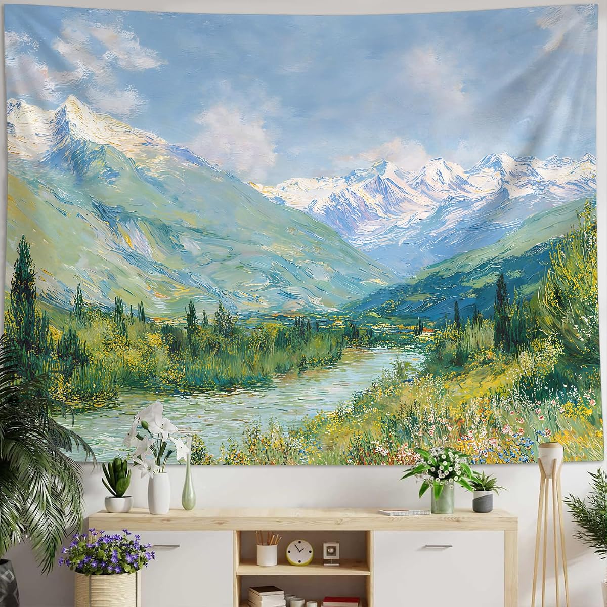 Leeisysme Tapiz de paisaje de montaña, arte de pared de la naturaleza de Monet, nubes que fluyen río para sala de estar, dormitorio, aula, decoración de dormitorio, verde 35.8 x 47.6 in