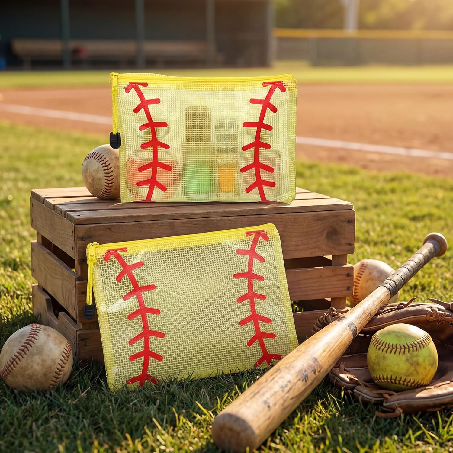 12 Pcs Softball Team Gifts Makeup Bag Bulk Clear Softball Mesh Zipper Cosmetic Bags with Zipper, Beach Pool Summer Waterproof Mesh Bag for Softballs Coach Mom Travel Must Have