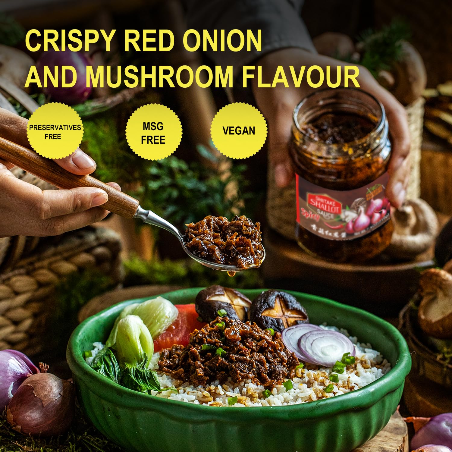 VIGOROUS MOUNTAINS Dried Assorted Mushrooms Granules 3.81oz and Fried Shallot Spicy Sauce 7.4oz image 4