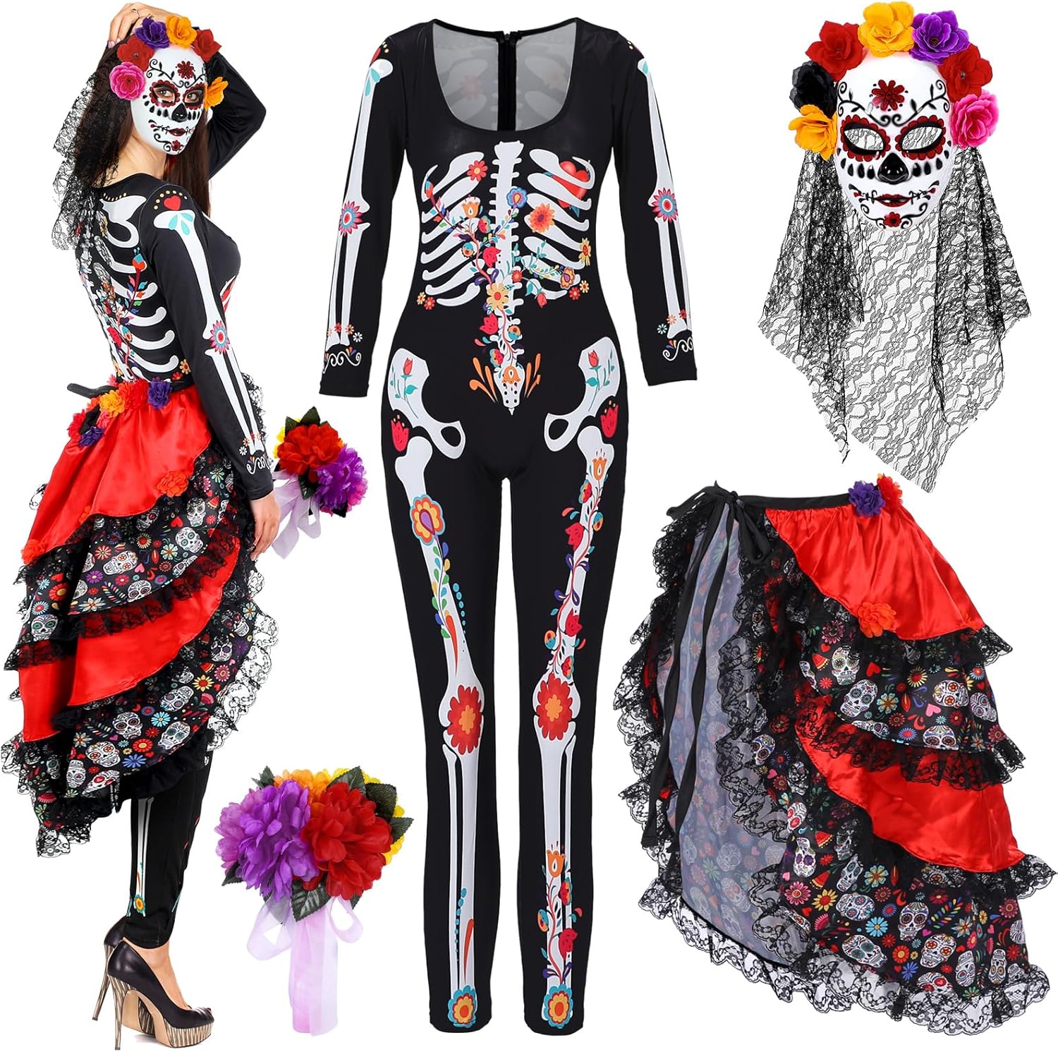 Ramede 4 Pcs Women Day of the Dead Costume Halloween Tie on Bustle Dia De Los Muertos Skeleton Catsuit Skull Veil Mask