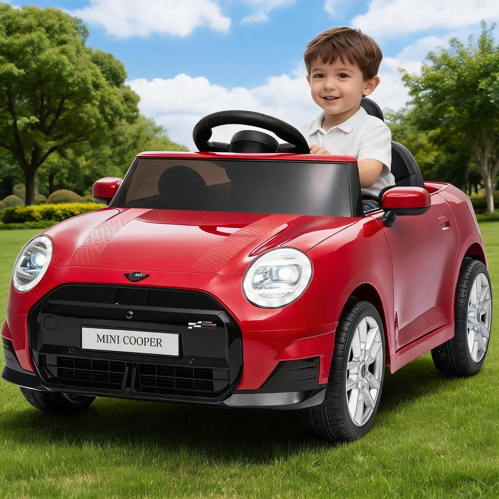 Luxury Car MINI Licensed 12V Kids Electric Ride-On Car – Parental Remote Control, LED Lights, Music, Horn, Gentle Start, 3km/h – Battery Toy Vehicle for Boys & Girls Ages 3-6 – Red