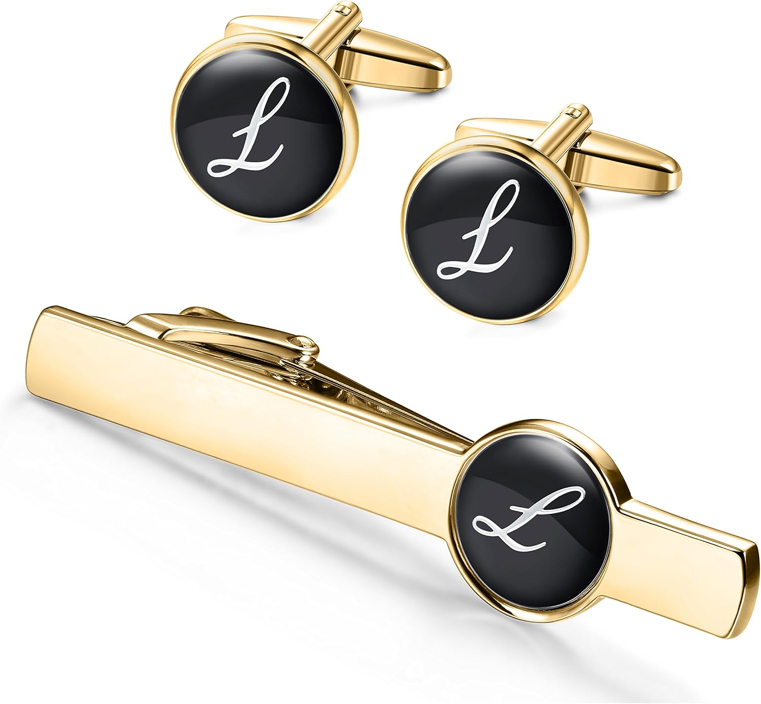 ORAZIO Engraved Tie Clip and Initial Cufflinks for Men Women Alphabet Letter A-W Cufflinks Tie Bar Set for Business Wedding Gold Tone