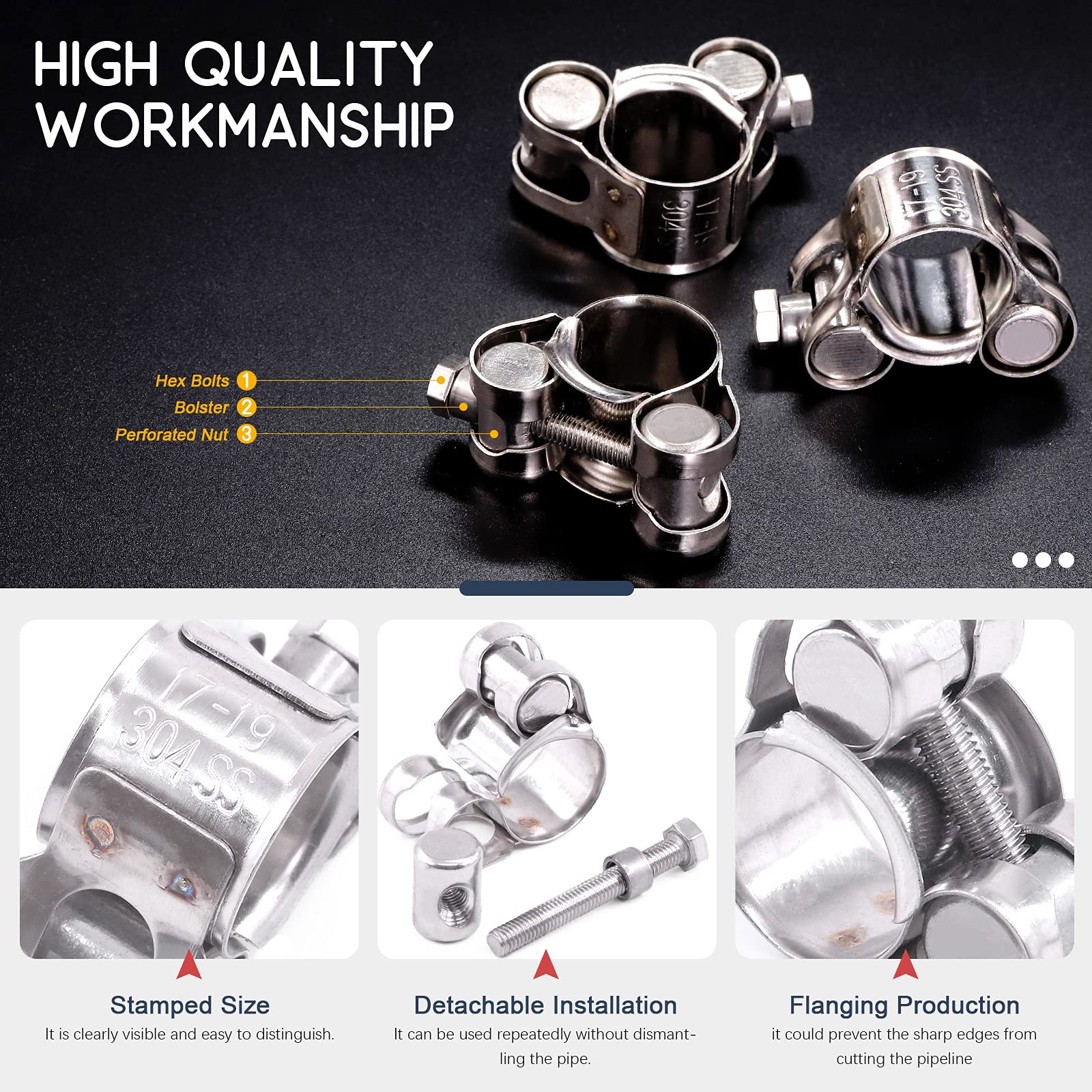 Hilitchi 304 Stainless Steel T-Bolt Clamp Heavy Duty T-Bolt Pipe Tube Hose Clamps (6PCS, 17-19MM), Metallic - Image 4