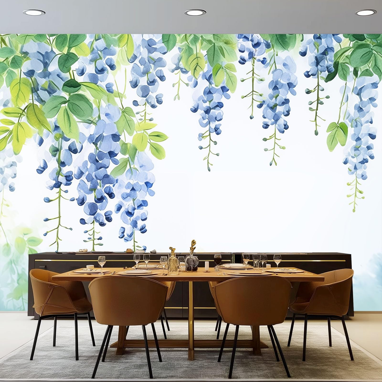 Panoramiczna tapeta 400 x 280 cm, akwarela winorośl i fioletowe kwiaty salon sypialnia dekoracja domu - kolorowa tapeta z włókniny 3D
