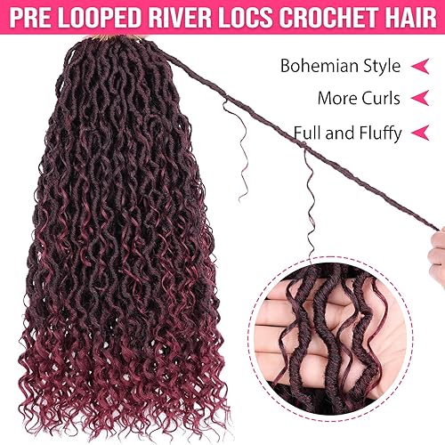 Miniatura 4 de Goddess Locs - Cabello de ganchillo de 18 pulgadas, 8 paquetes de cabello sintético rizado de jengibre oscuro para mujeres negras, trenzas de río