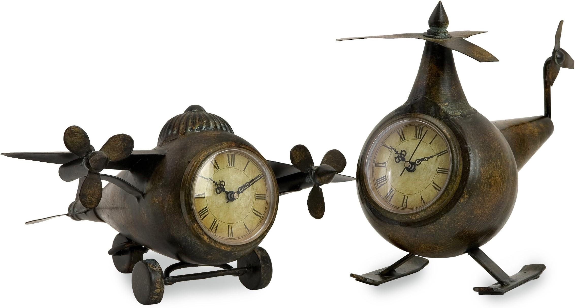 Antique Finish Vintage Body Style Airplane and Helicopter Sculptural Table Mantle Clock - Set of 2