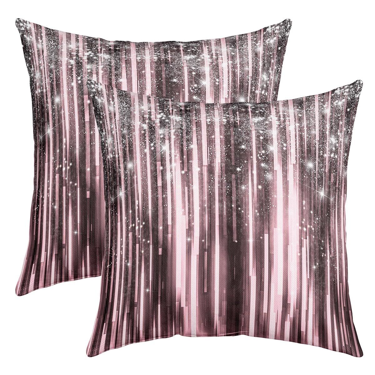 Kids Pink Ombre Throw Pillow Covers 24x24 Inch Set of 2 Glitter Pillow Cases Cushion Covers Decor Strip Lines Decorative Throw Pillowcases Geometric Cushion Cases Bedroom
