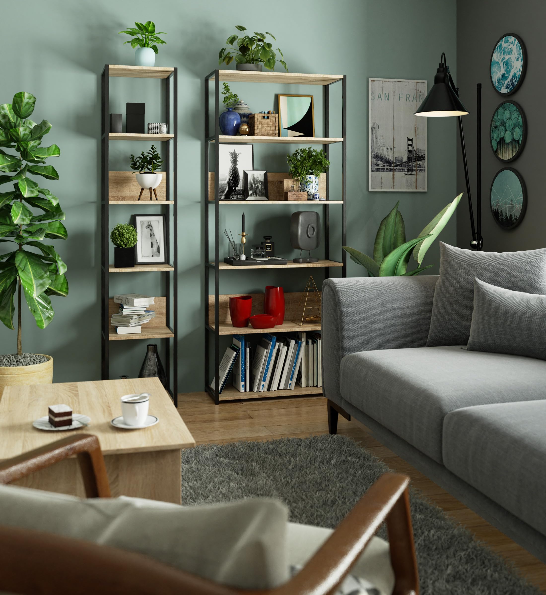 BDW Scaffale Loft Moderno in Metallo - Scaffale da Soggiorno - Scaffale in Stile Industriale - 6 Ripiani - Mobili Industriali - Vintage - Stile Industriale - 192x40x32cm - Nero/Rovere Sonoma