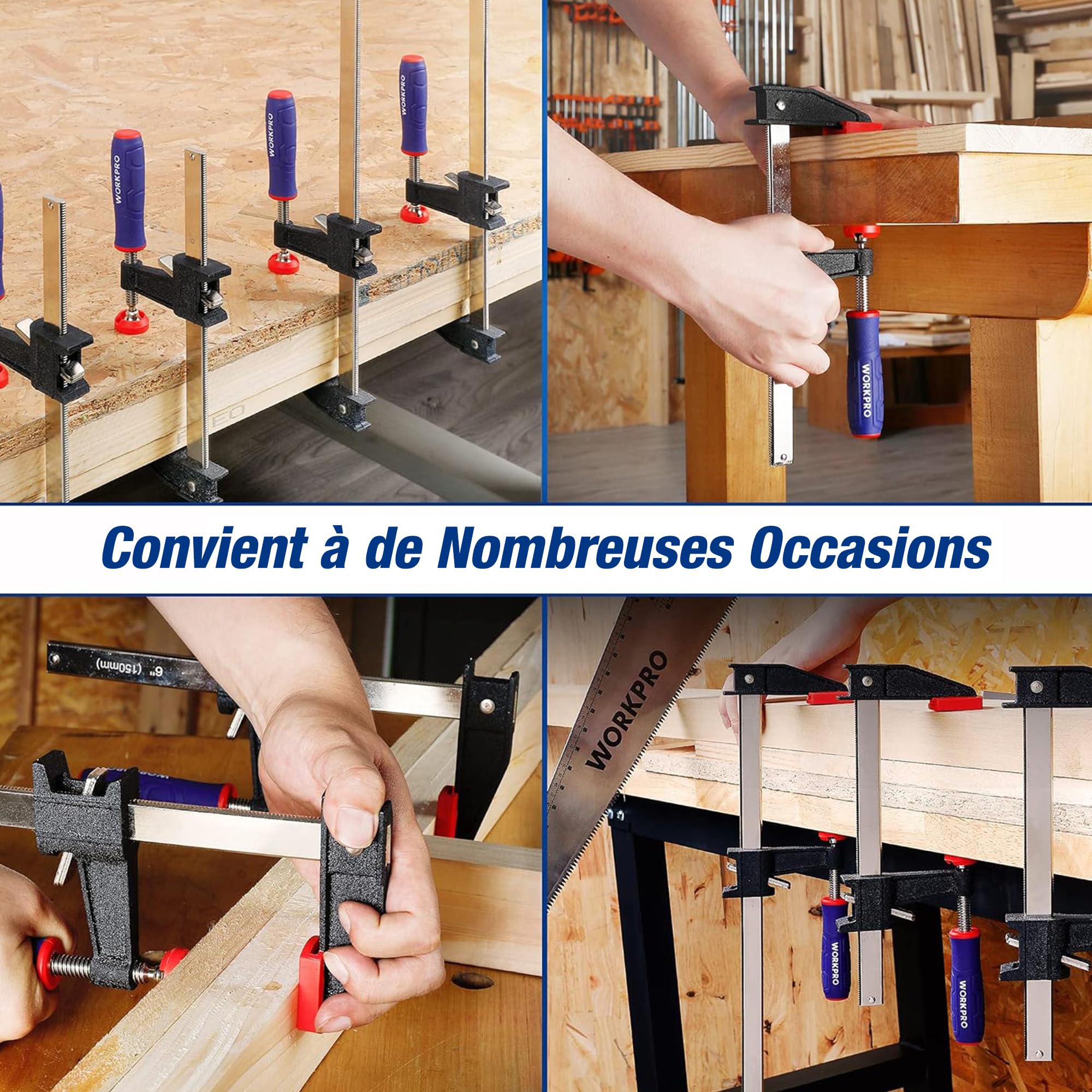 WORKPRO Jeu de Serre-joint Métallique à Libération Rapide 4 Pièces, Largeur de Serrage 300 mm et 150 mm, Force de Serrage Maximale de 272 kg pour Travail du bois, des Métaux et DIY