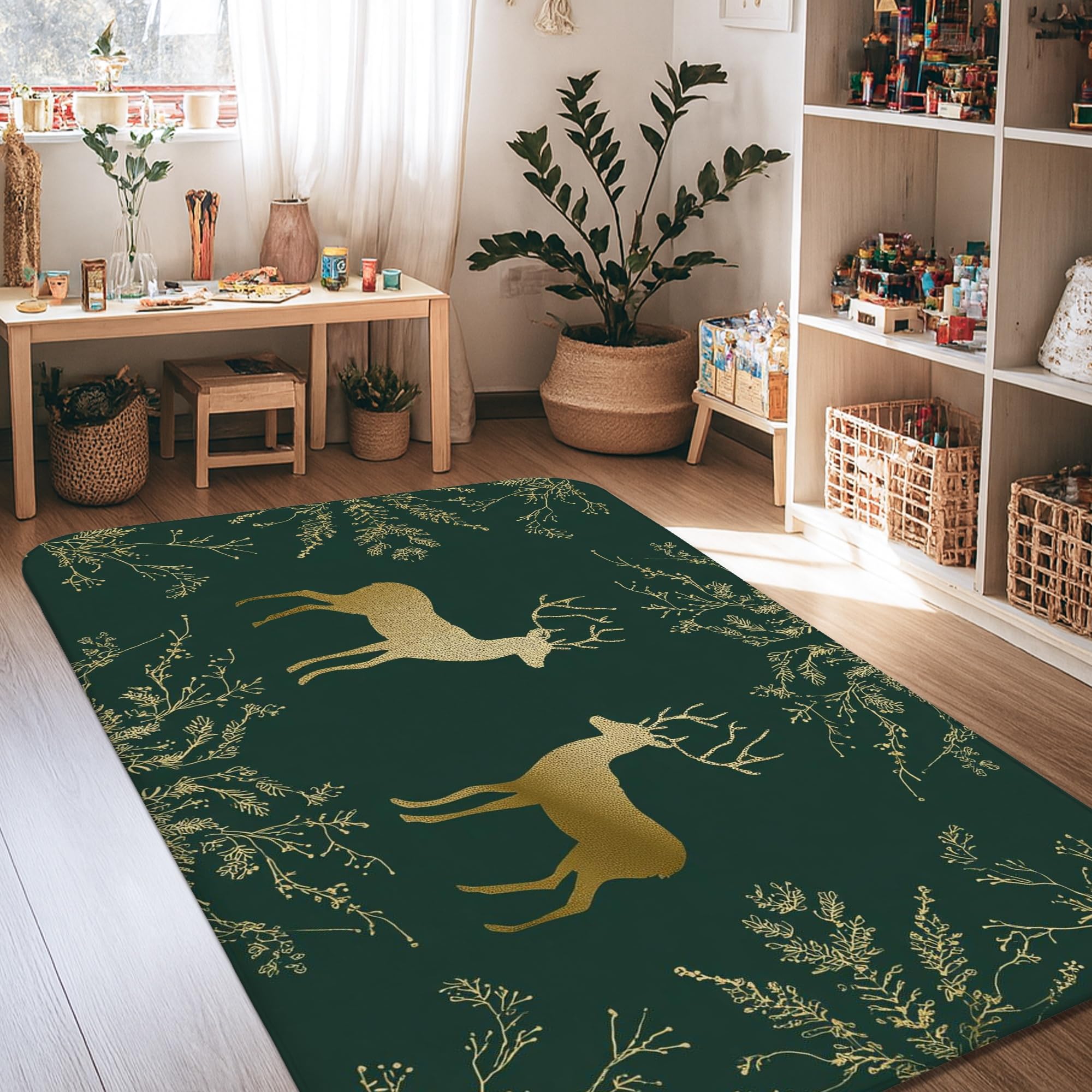 Tapis grand salon cerf rustique aux finitions soignées et motif feuilles d'hiver